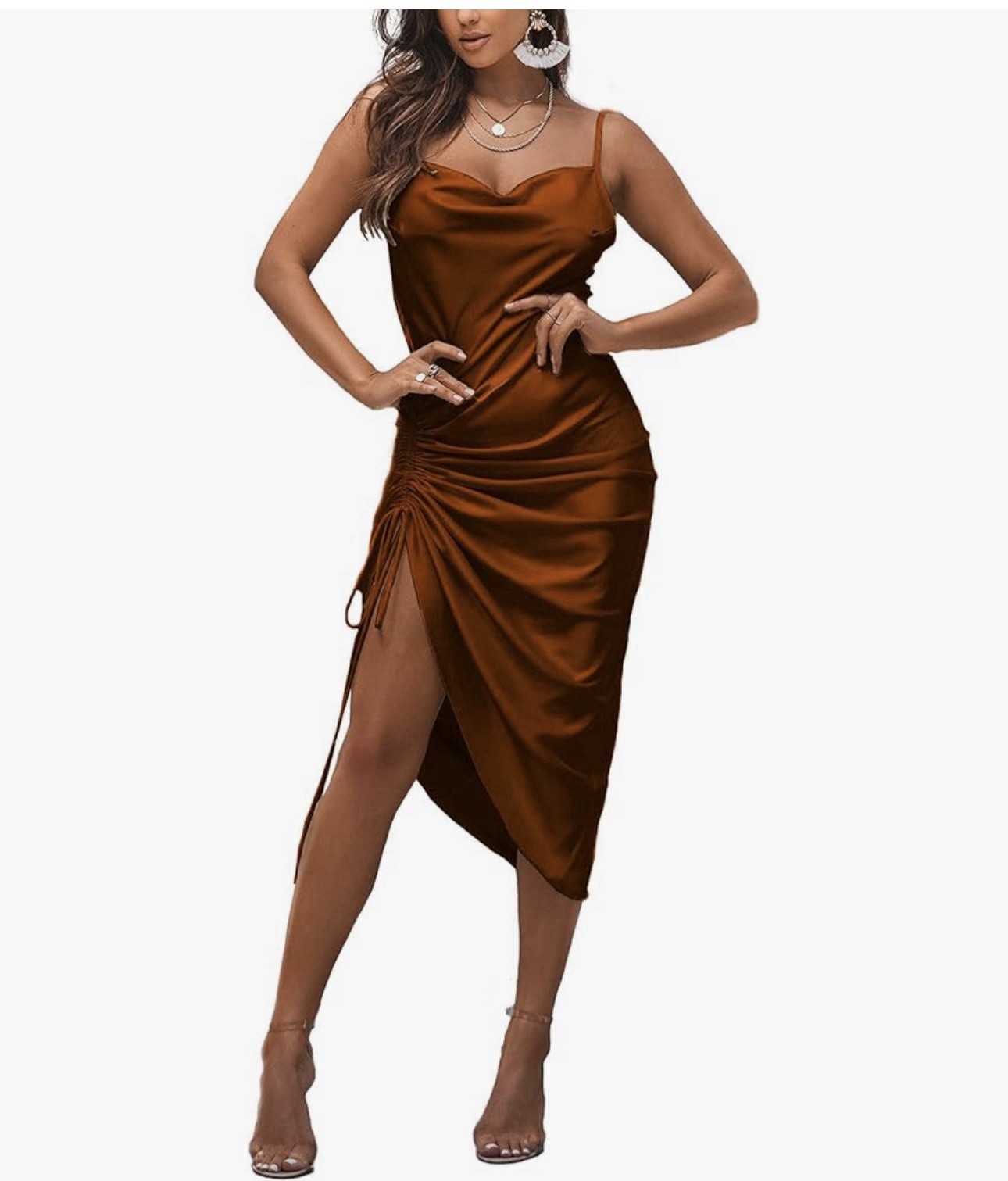 Lyaner satin spaghetti straps Sexy ruch cocktail midi dress. Size L.