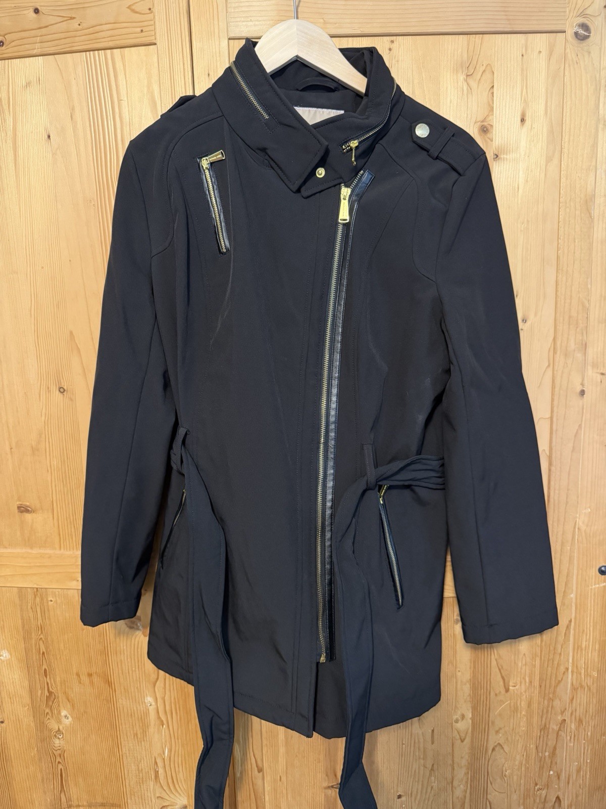 Michael Kors Women’s Black Trench Gold Zipper Belted Jacket Coat Size L