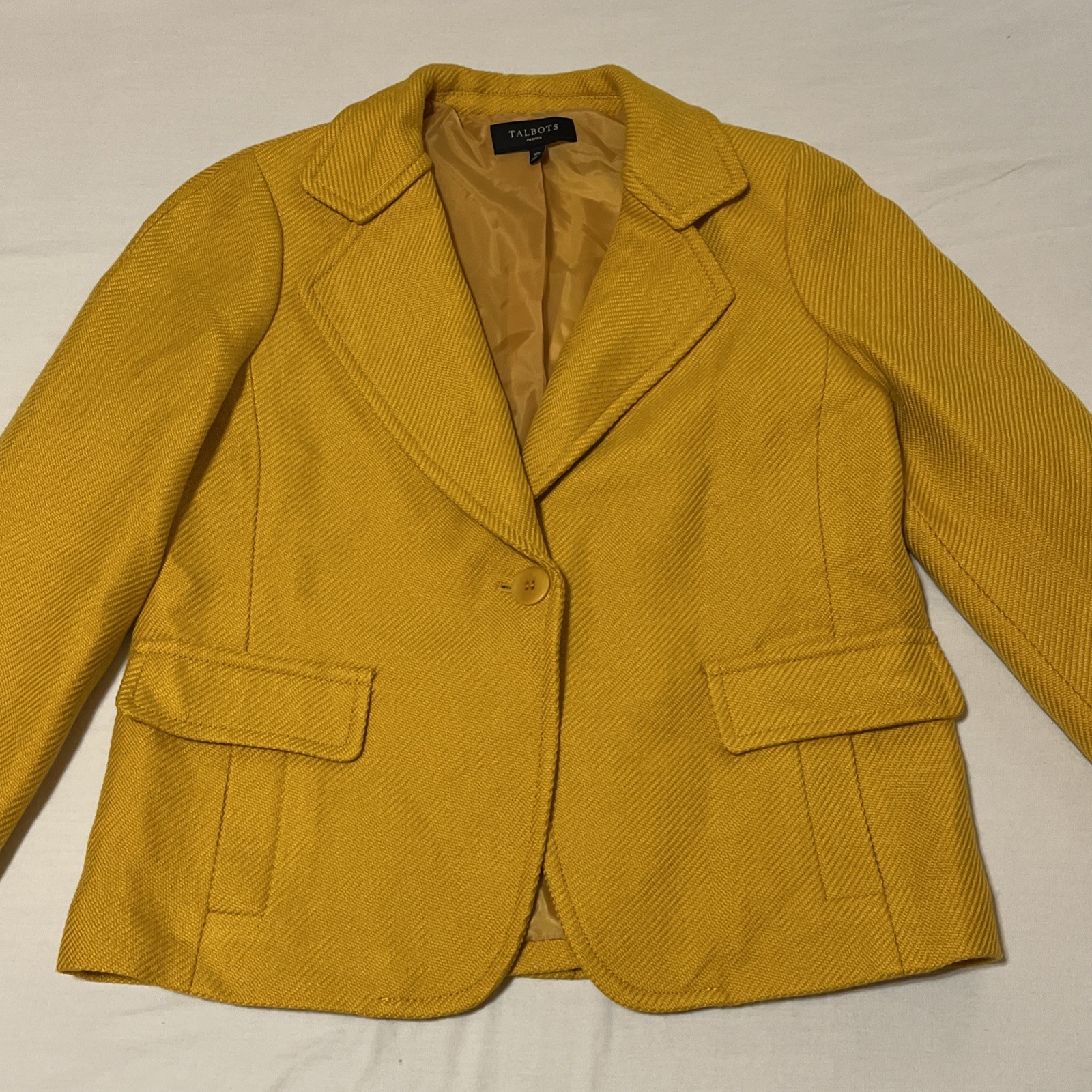 Talbots Blazer Jacket Size 10P Mustard Yellow Wool Blend Raglan Professional