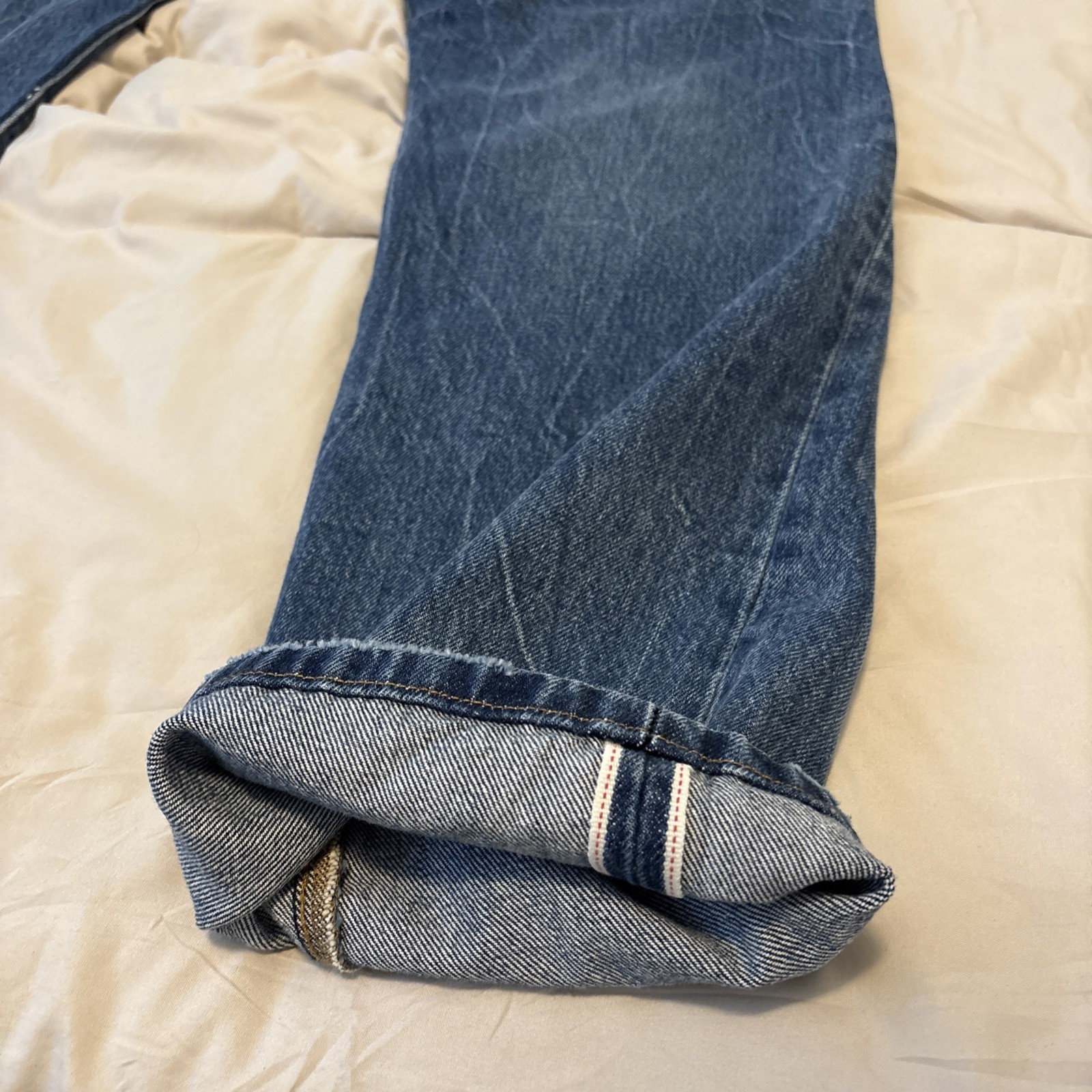 Levis 501 Selvedge Jeans Blue Distressed 34×32 150th Anniversary High Waisted