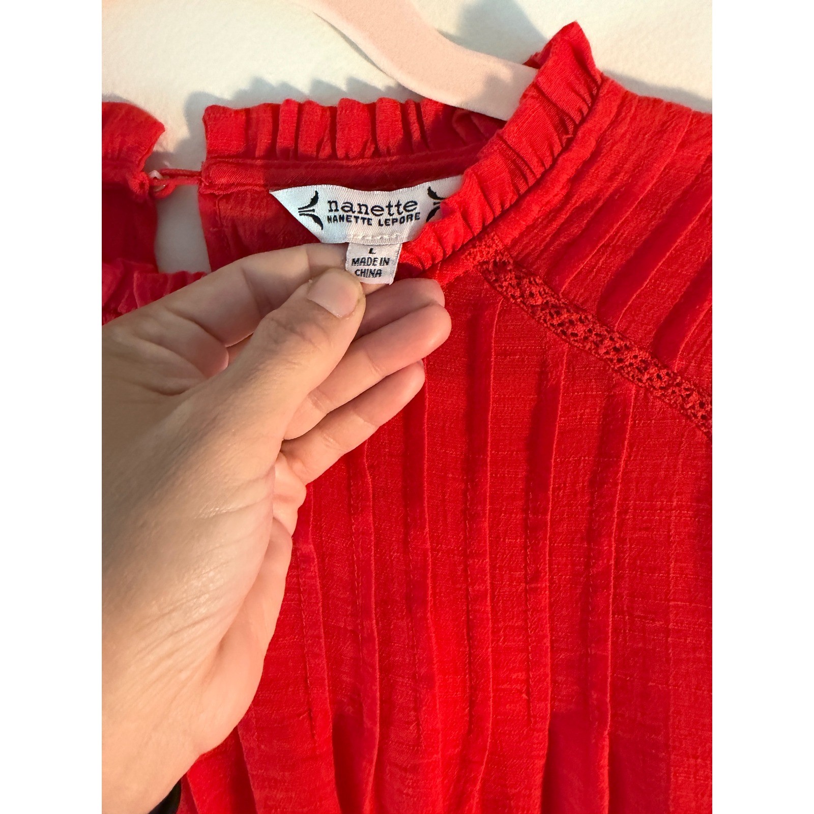 Nanette Lepore Red Pleated Flutter Sleeve Blouse Lace Trim Ruffle Neck Large