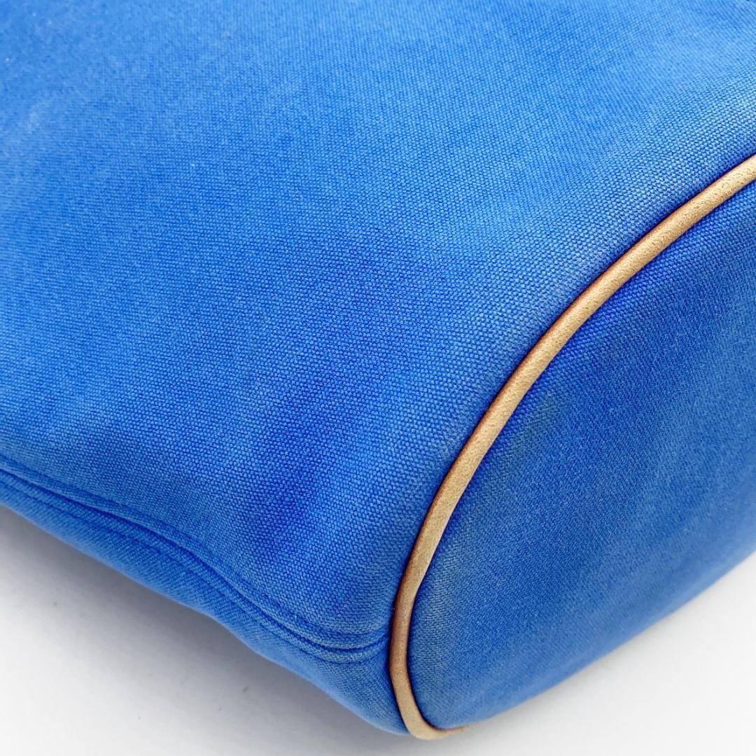 HERMES Panier De Plage PM Tote Bag Blue Canvas Beach Bag w/ Pouch Large