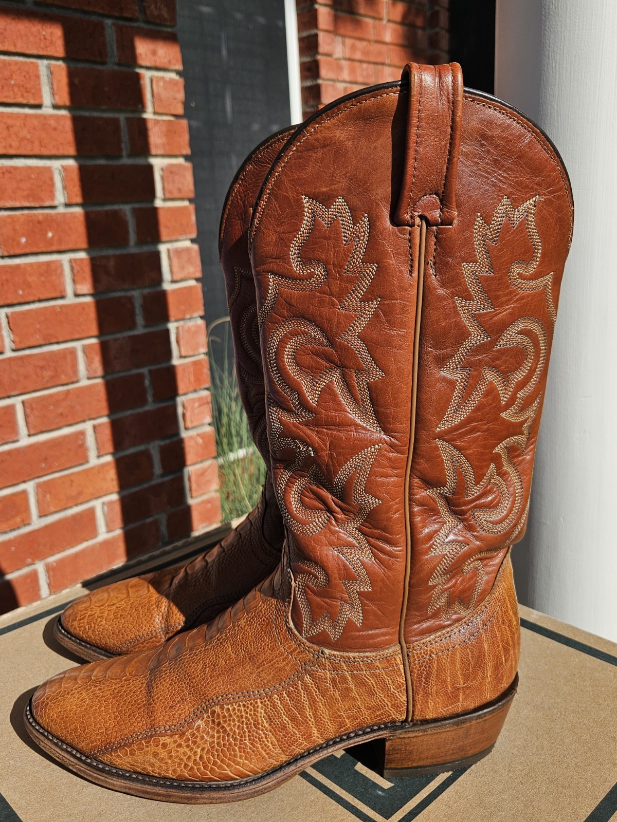 J Chisholm Men’s Cowboy Boots Size 9D “Cognac Ostrich Leg” W/NEW HEEL CAPS!