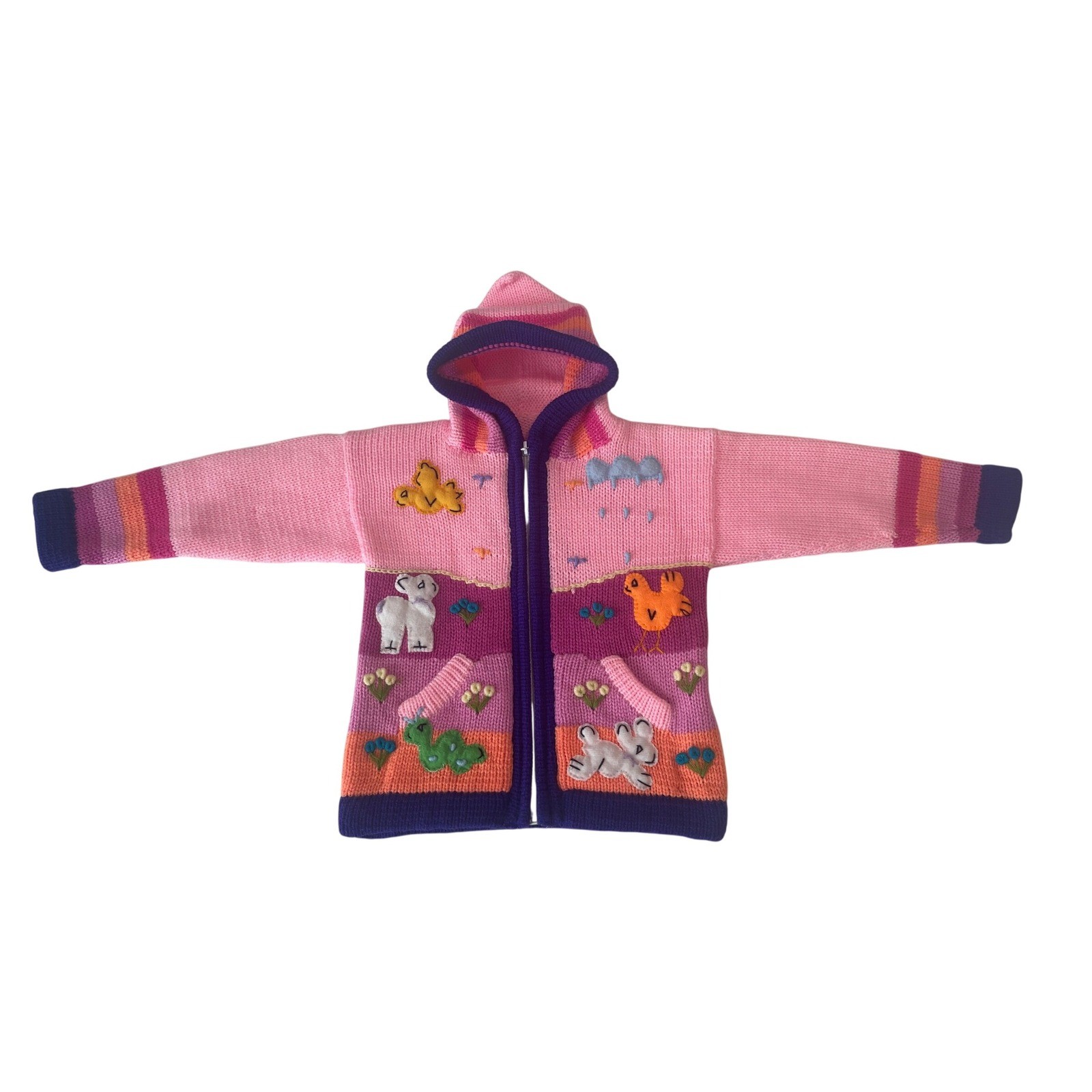 00519 – Kids Pink Farm Scene Zipper Hoodie Sweater Clouds Animals Bunny Chicken