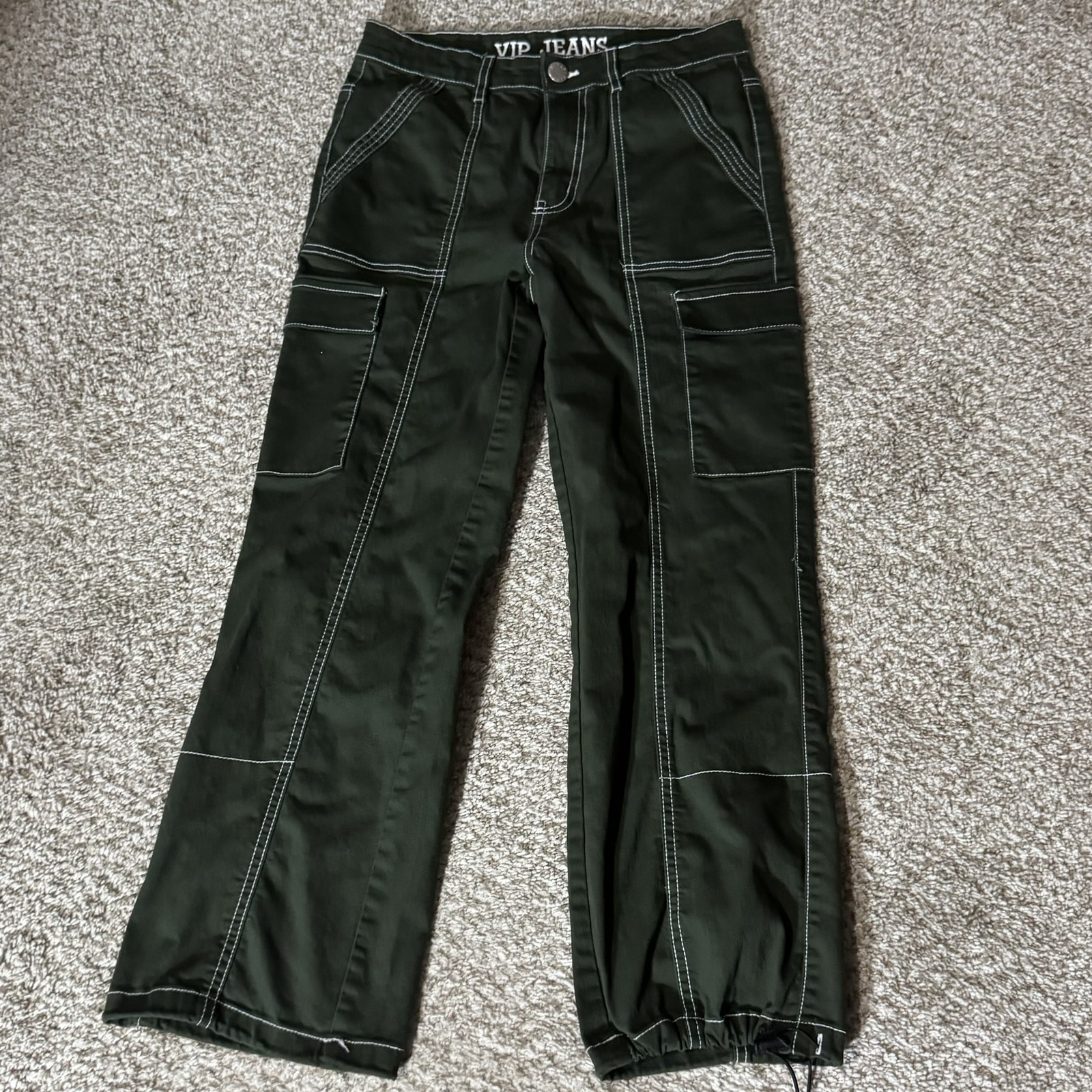 VIP JEANS Women’s Size 11/12 Green Cargo Pants Contrast Stitch Drawstring Cuffs