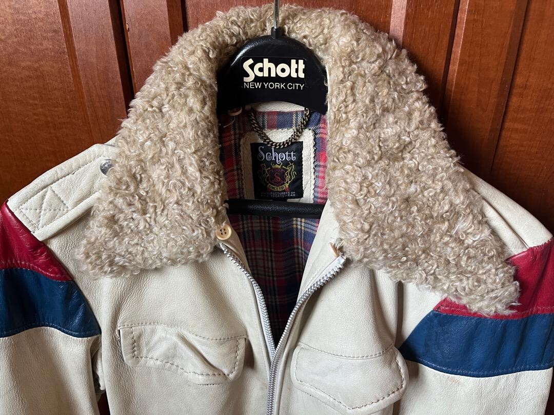 Schott Leather Boa Fur Collar Riders Jacket Blouson Men Size M Plaid