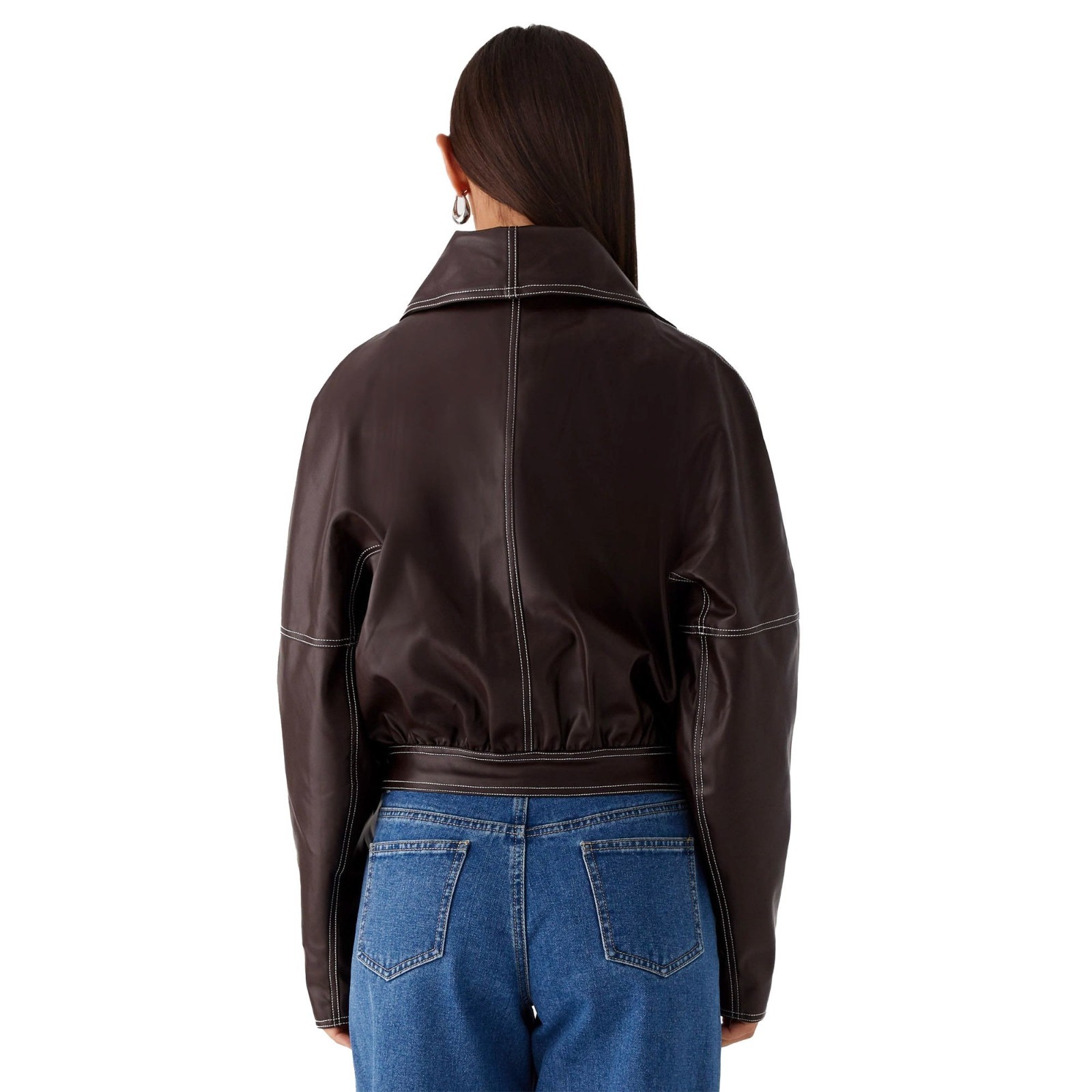Women’s Real Leather Jacket Dark Brown Contrast Stitch Cropped Bomber Coat Gift
