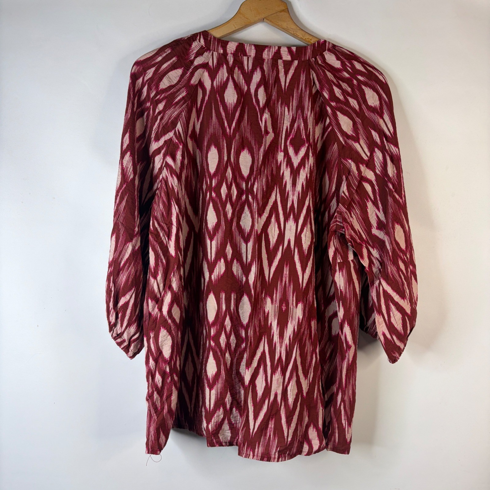Fred David Blouse Women 2X Burgundy Pink Ikat Print Button Front 3/4 Sleeve