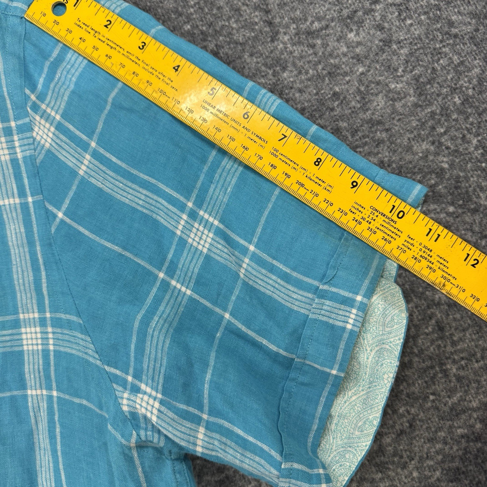 Bugatchi Linen Shirt Mens Lrg Blue Check Shaped Fit Button Up Short Sleeve A161