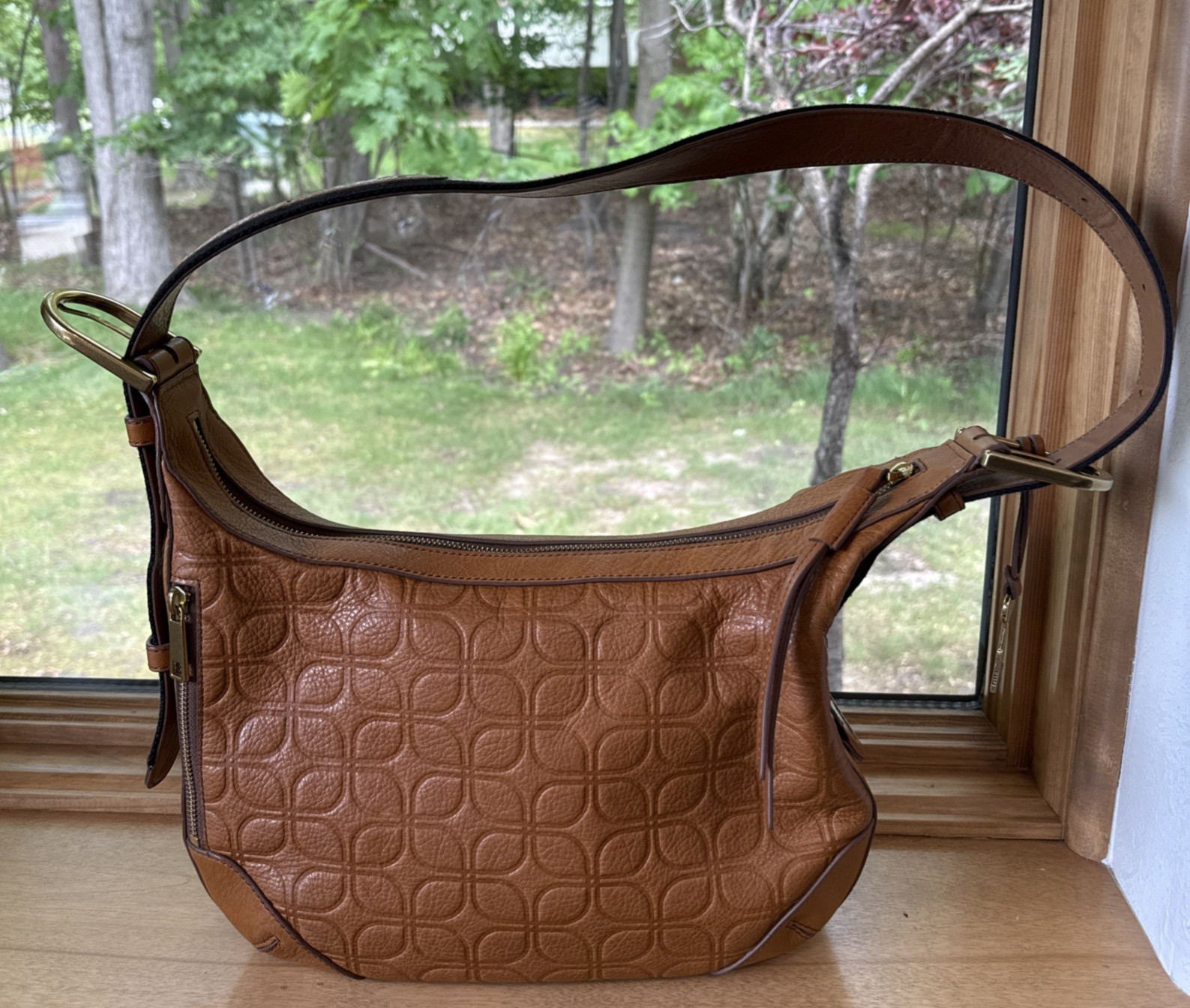 Fossil Hannah Signature Hobo Shoulder Bag Camel Tan Embossed Leather Brass