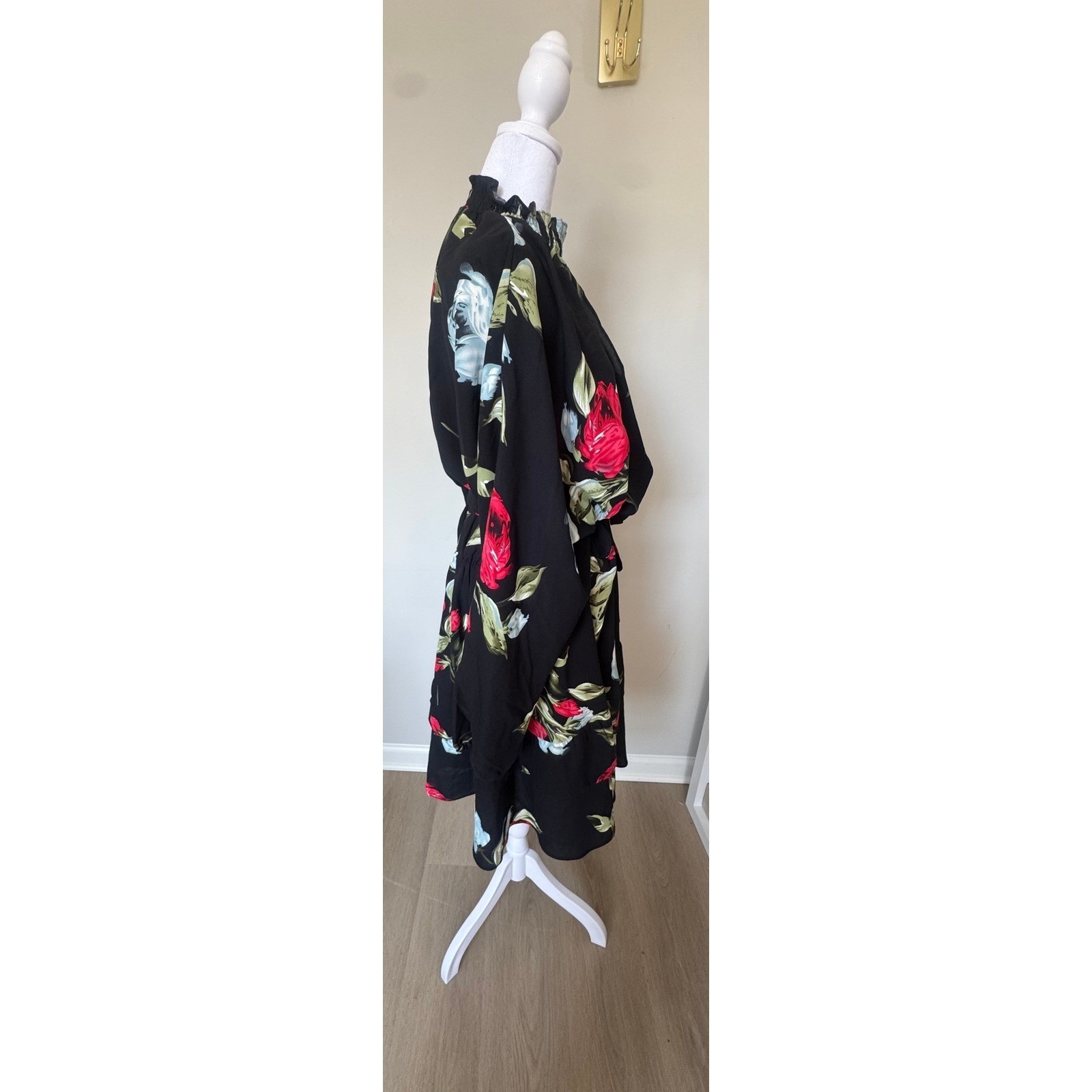 Boohoo Black Red Rose Floral Smocked High Neck Mini Dress Plus Size US 20