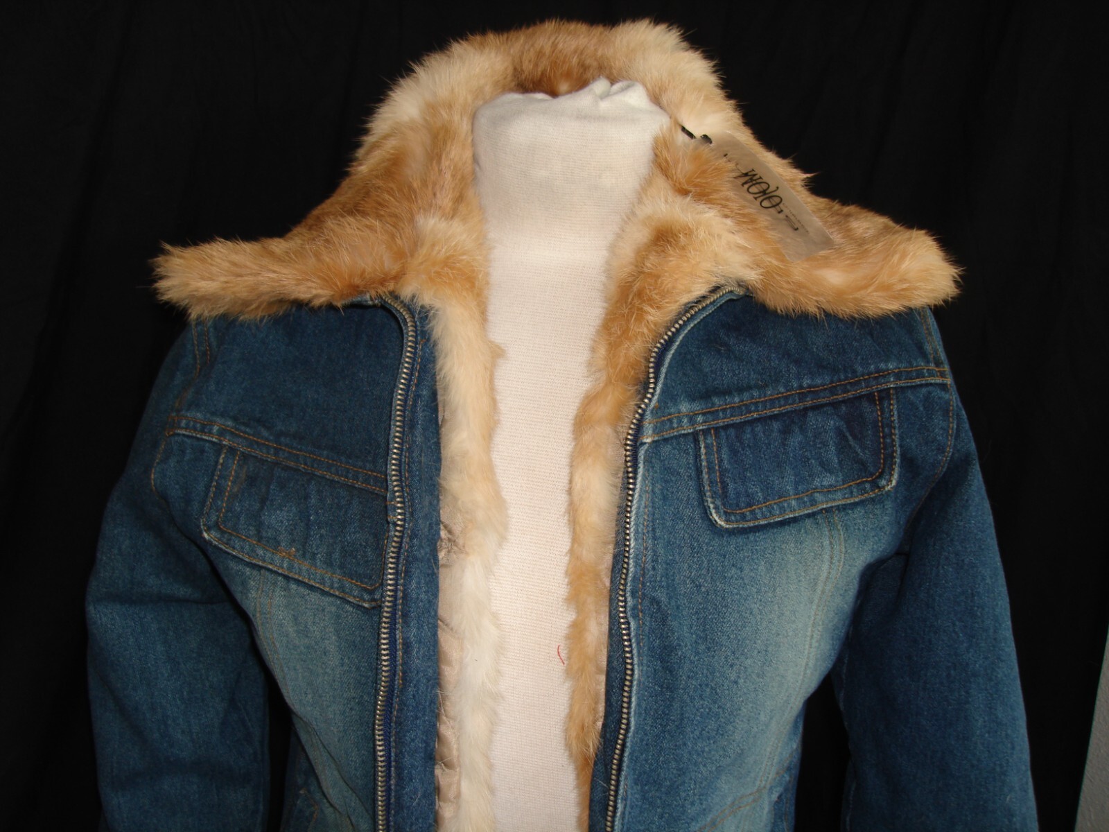 NWT Mojo Moda Blue Denim W/Rabbit Fur Trim & Quilted Lining Jacket. Sz M