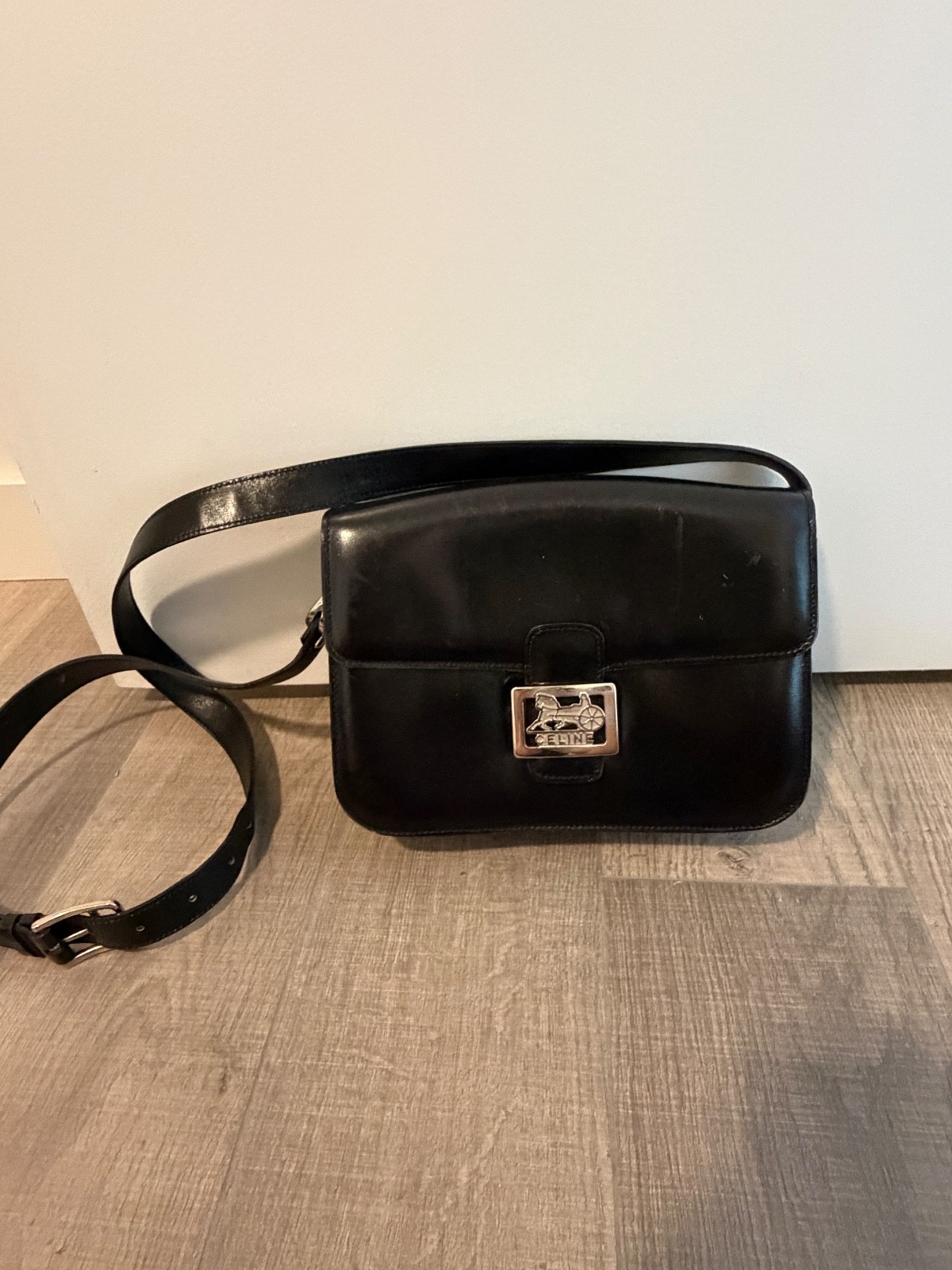 Vintage Céline Black Leather Crossbody Bag Horse Carriage Logo