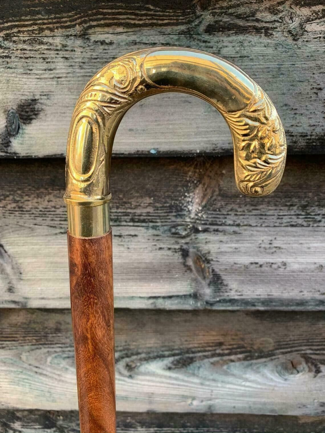 Vintage Brass umbrella Head Handle Brown Wooden Walking Stick Cane Victorian new