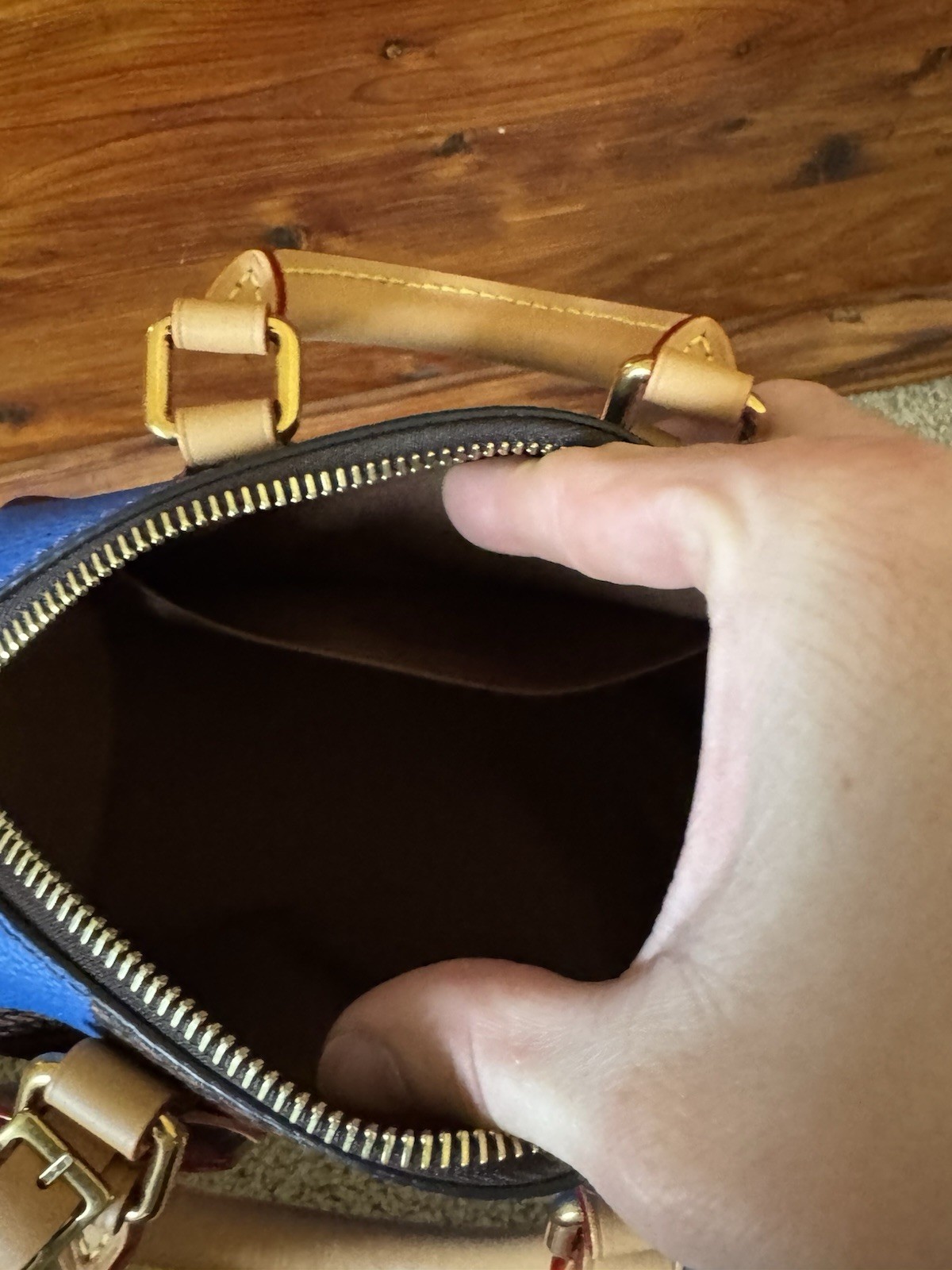 Louis Vuitton Nano Speedy Blue Brown Checkered Satchel w/ Strap, Dust Bag
