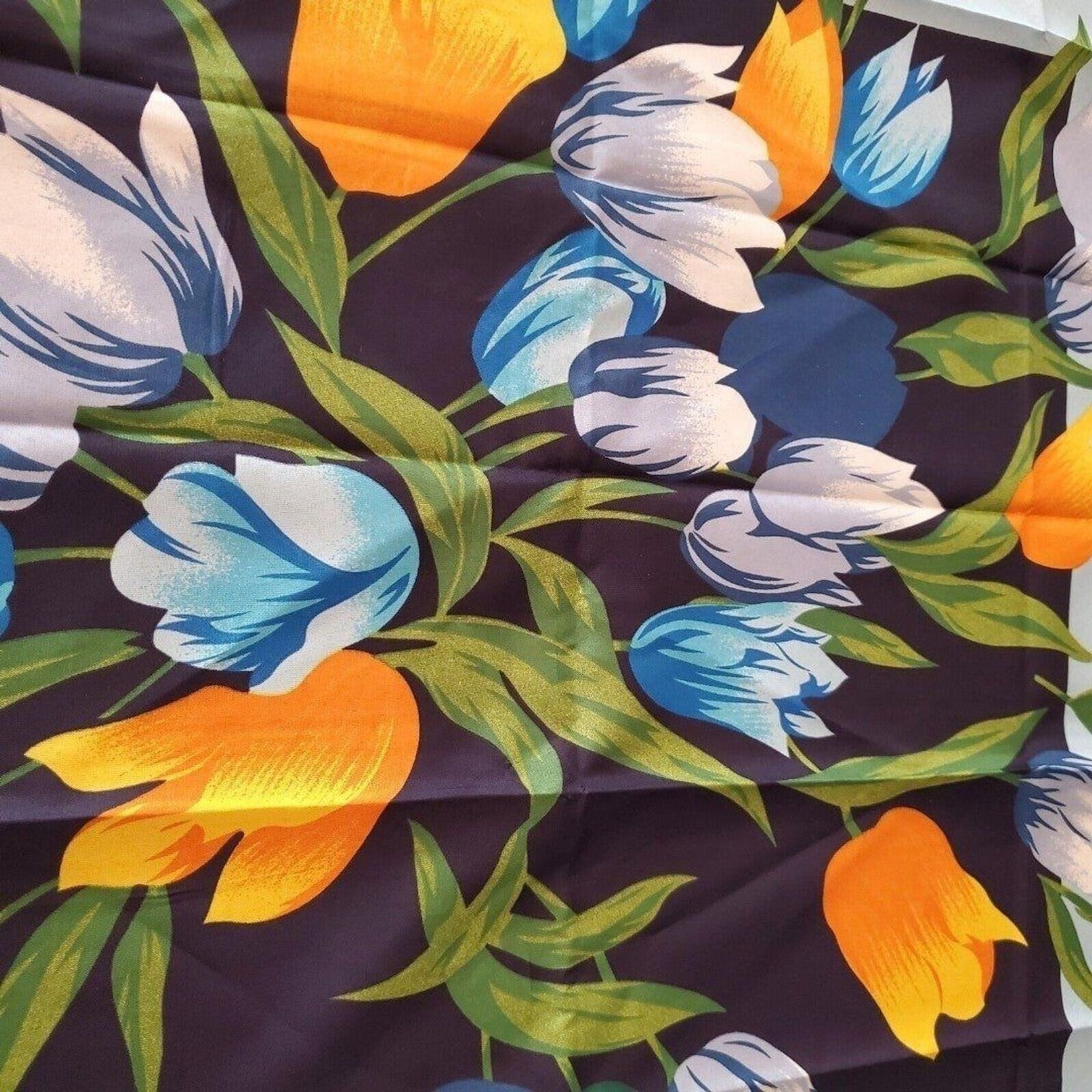 Womens Vintage Navy Blue Multicolor Tulip Floral Polyester Square Scarf Border