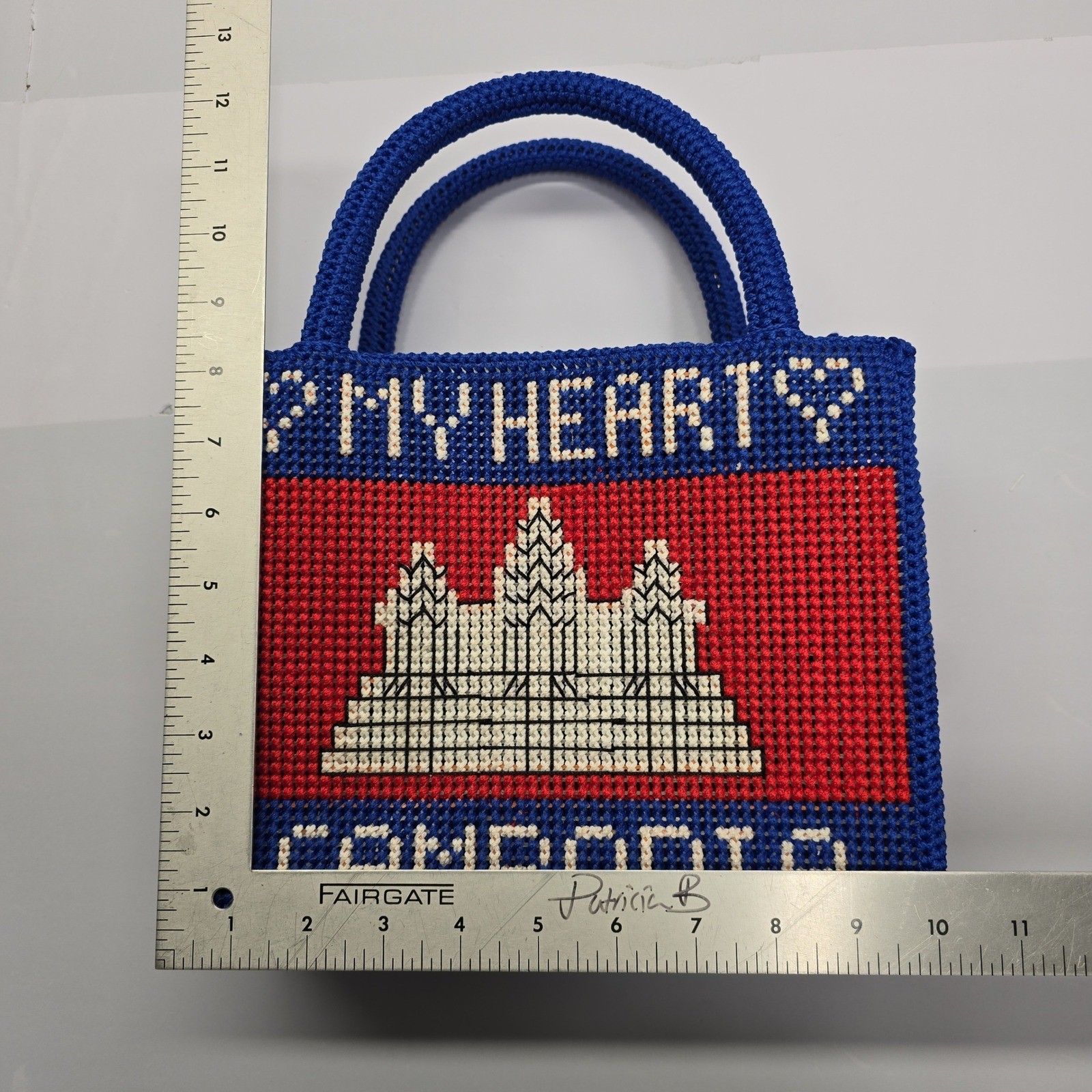 Cambodia My Heart Angkor Wat Needlepoint Top Handle Bag Blue Red Souvenir