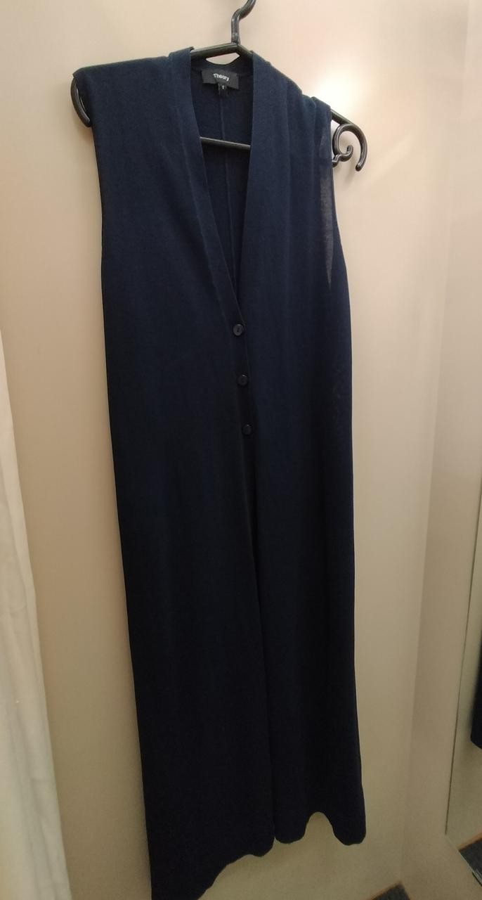 Theory Long Gilet S Navy Cotton 48in Sleeveless Open Front Vintage