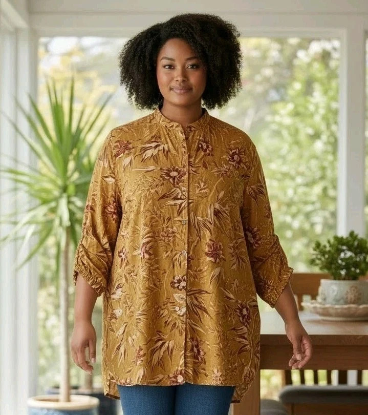 Women’s H & M GoldFloral Mandarin Collar Long Sleeve Sheer Blouse US 8p