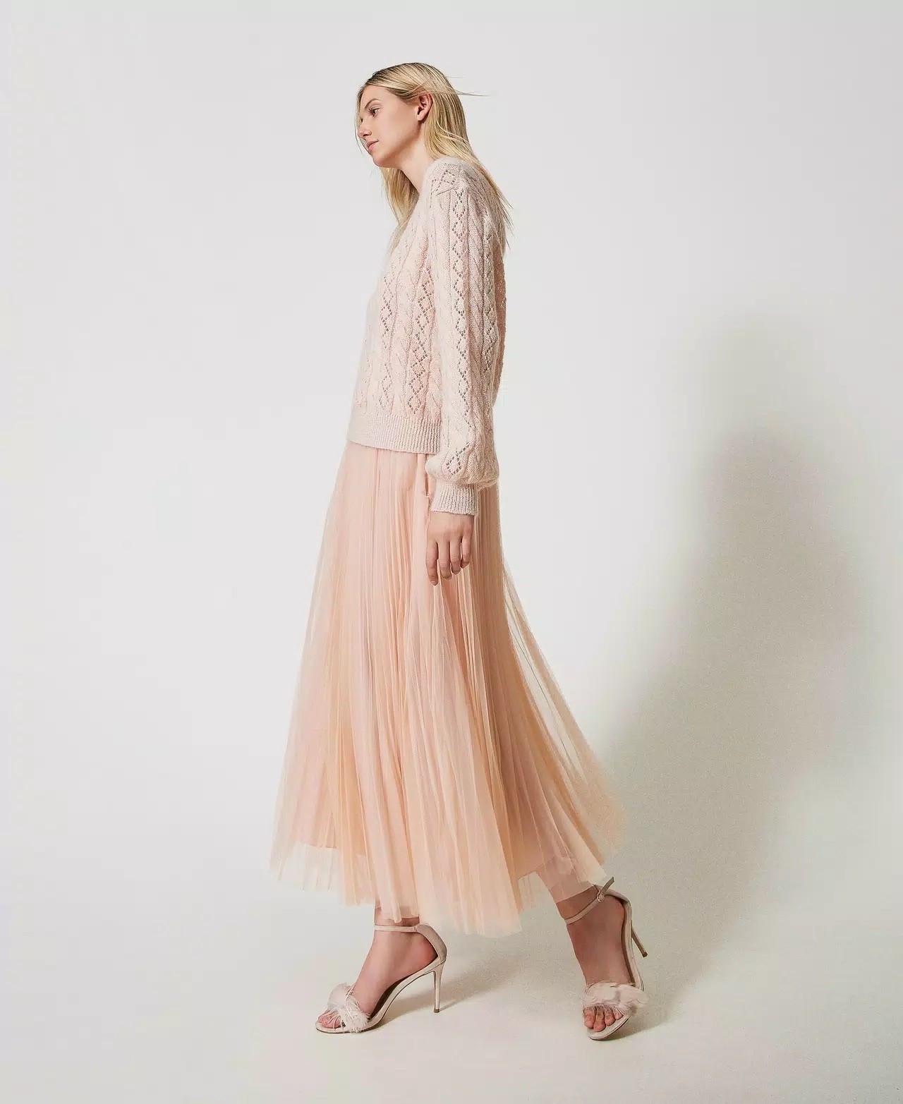 NEW Twinset Milano Pleated Tulle Skirt, Designer, Pale Pink, Size US10/IT46