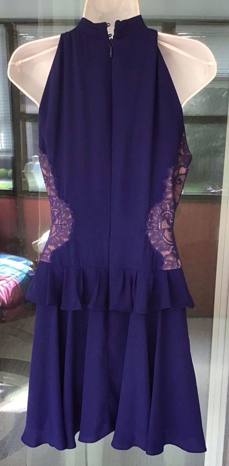 BCBGMAXAZRIA BLUE CRISS-CROSS COLLAR WITH SIDE LACE PANEL RUFFLED DRESS SIZE-4