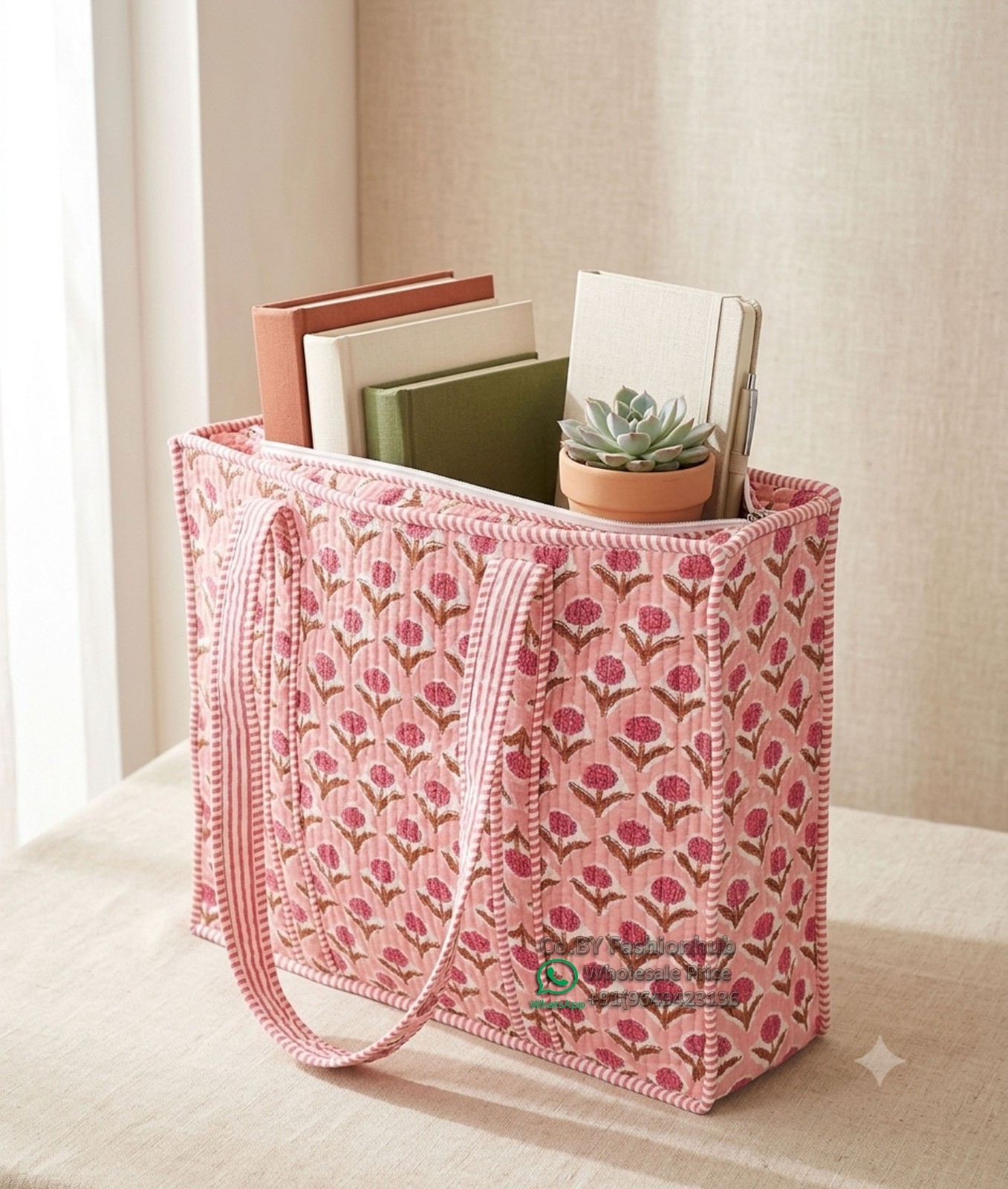 Quilted Tote Bag Handmade Block Print Cotton Handbag Indian Floral Boho Beach