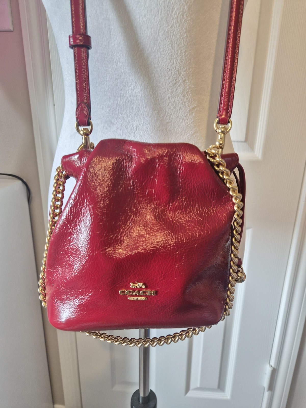 Coach Faye Mini Drawstring Bag In Crinkle Leather/Gold/Dark Cardinal CDB68 NWT