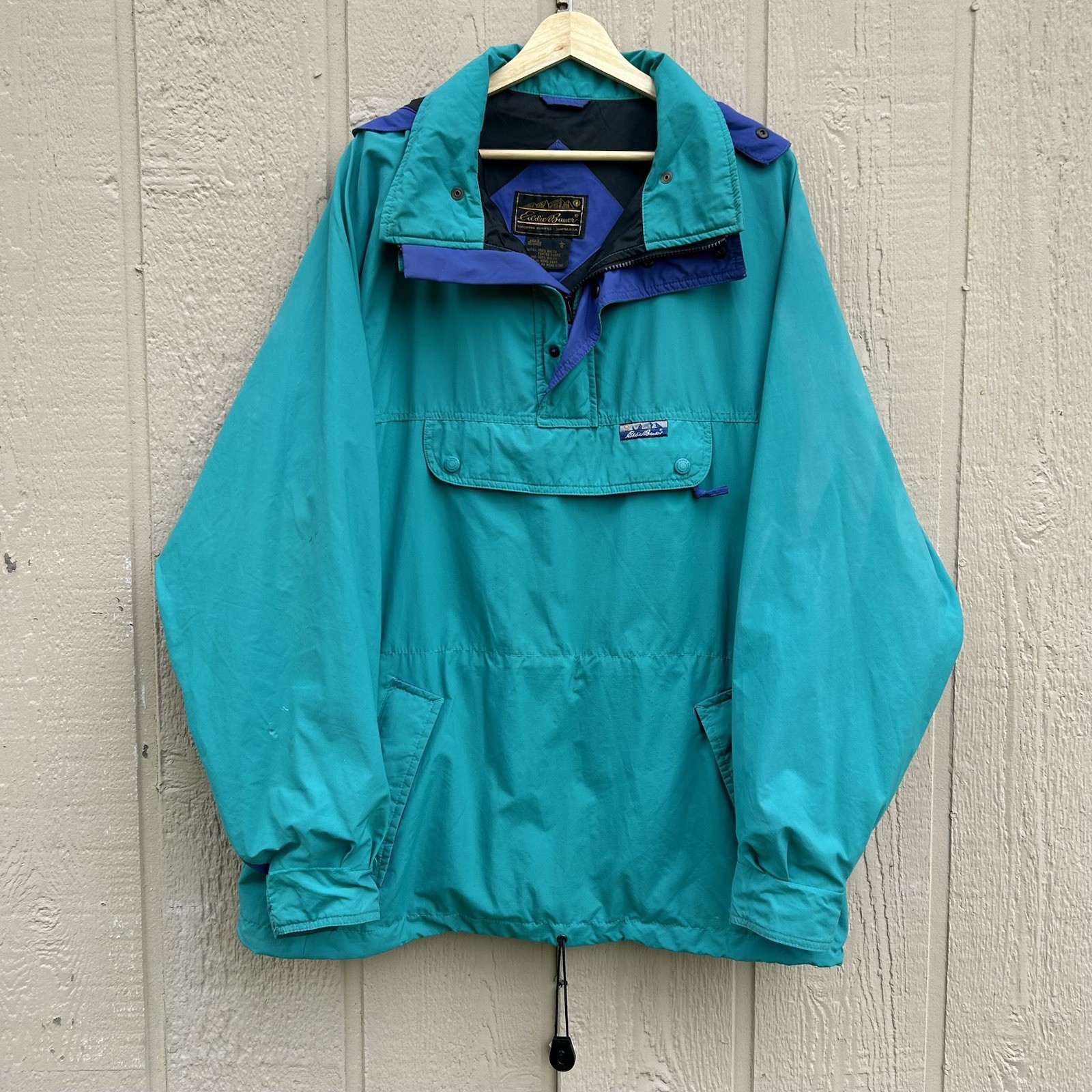 Vintage 90s Eddie Bauer Pullover Anorak Jacket Mens Large Teal Color Block
