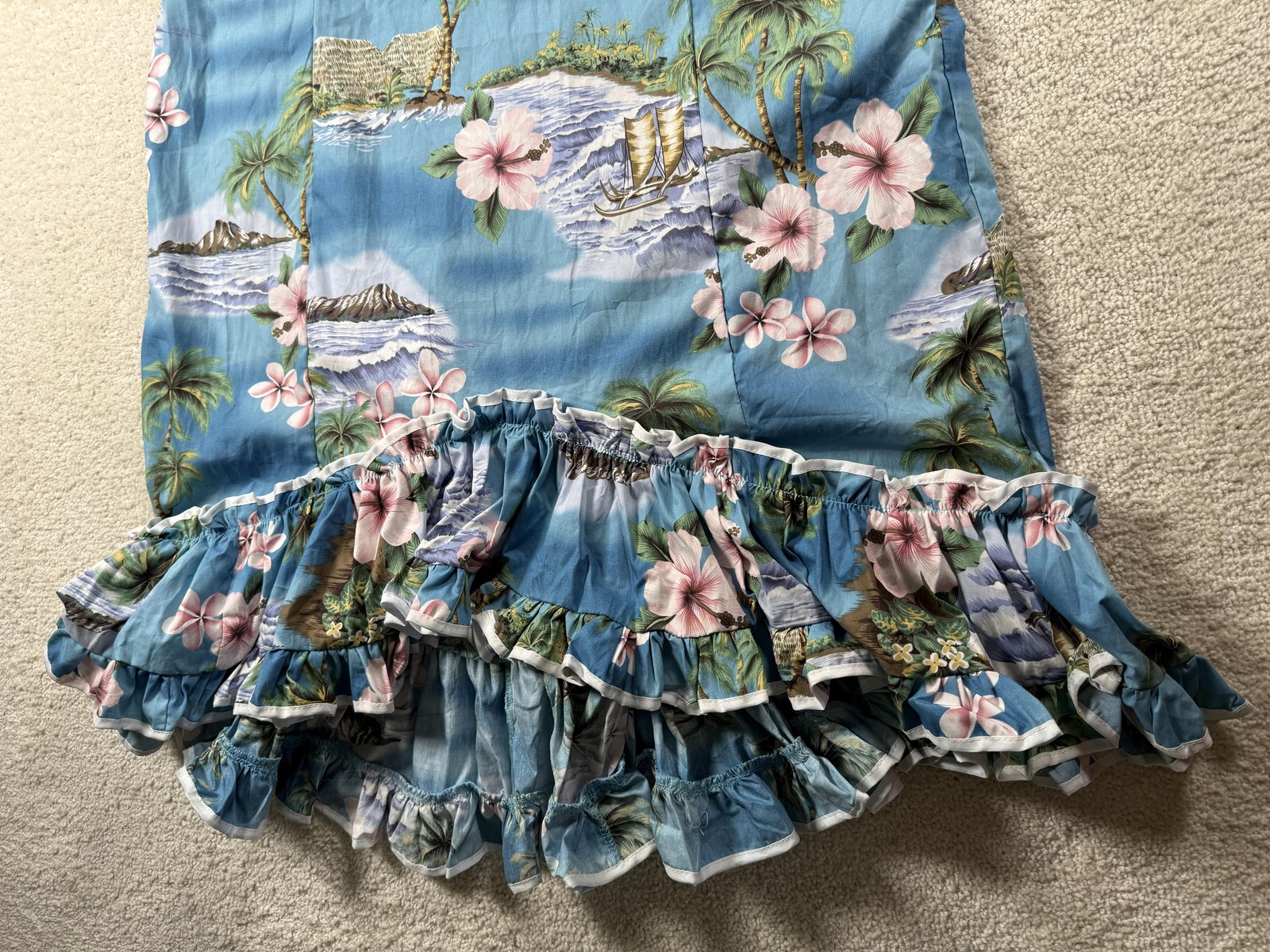 KY’S Hawaii Muumuu Dress Womens M Blue Floral Cotton Sundress Ruffle Hawaii