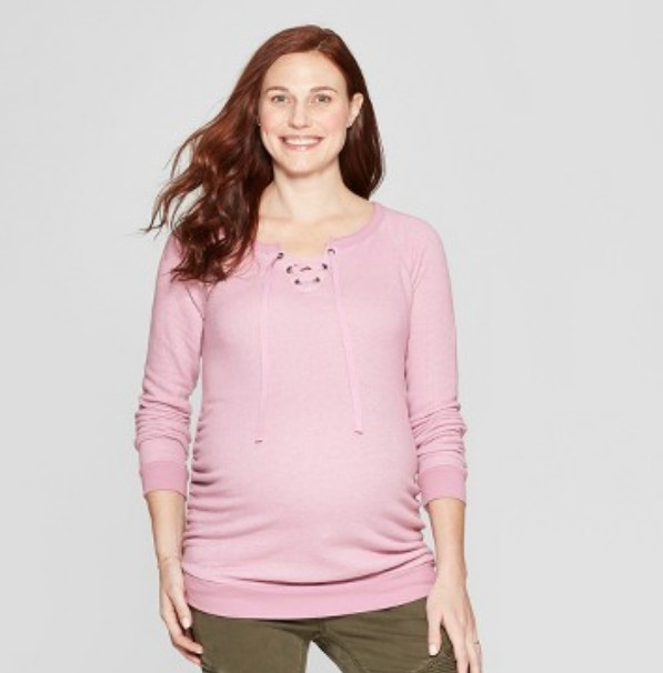 Maternity Textured Lace-Up Sweatshirt -Ingrid & Isabel-Pink-Varies Sizes-M305