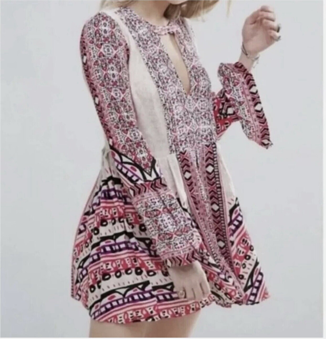 Free People Tegan Border Print Keyhole Mini Dress Size 2 Boho Summer Chic $108