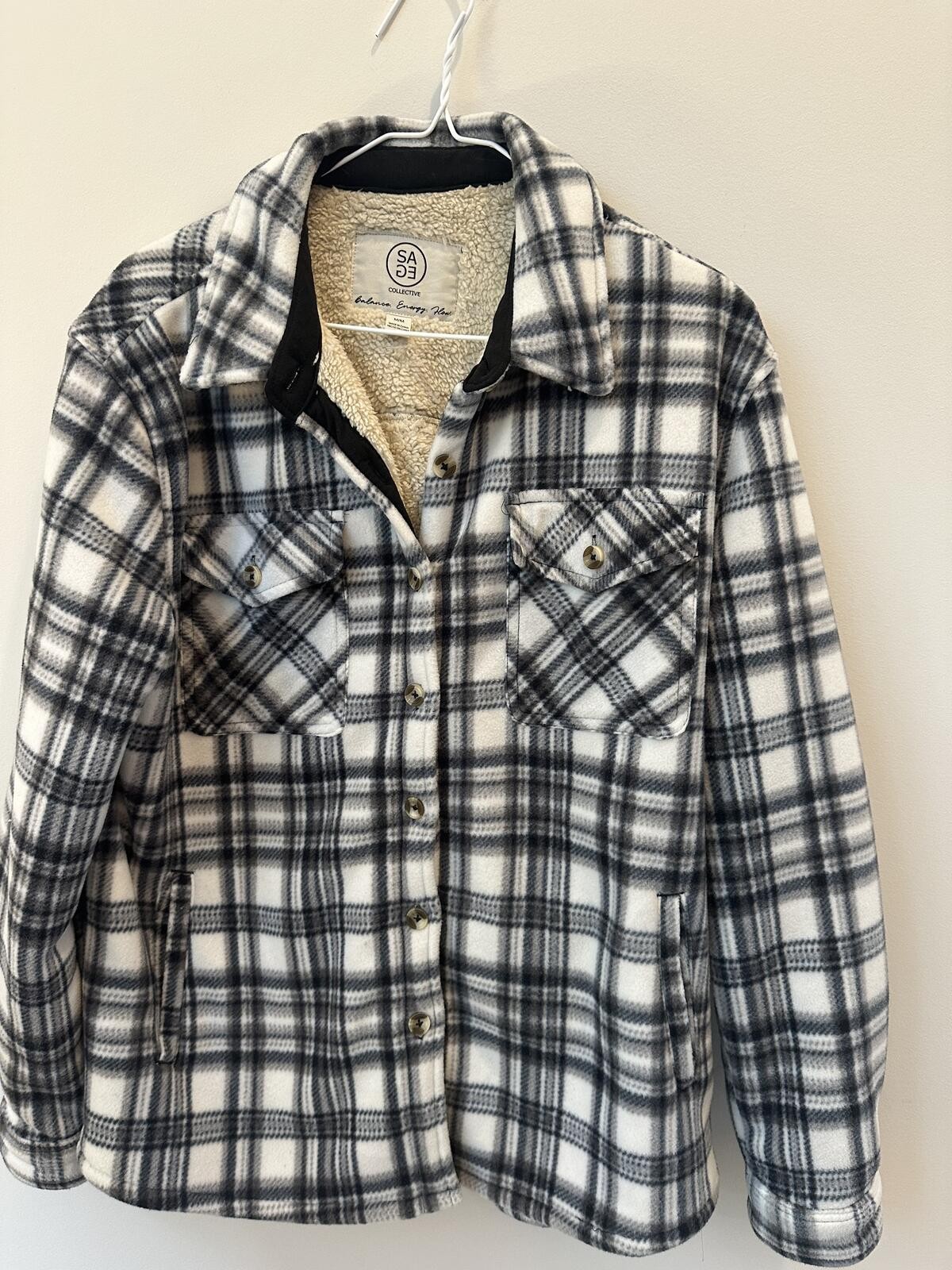Sage Collective Gray Plaid Thick Sherpa Lined Fleece Shacket – Women’s Medium