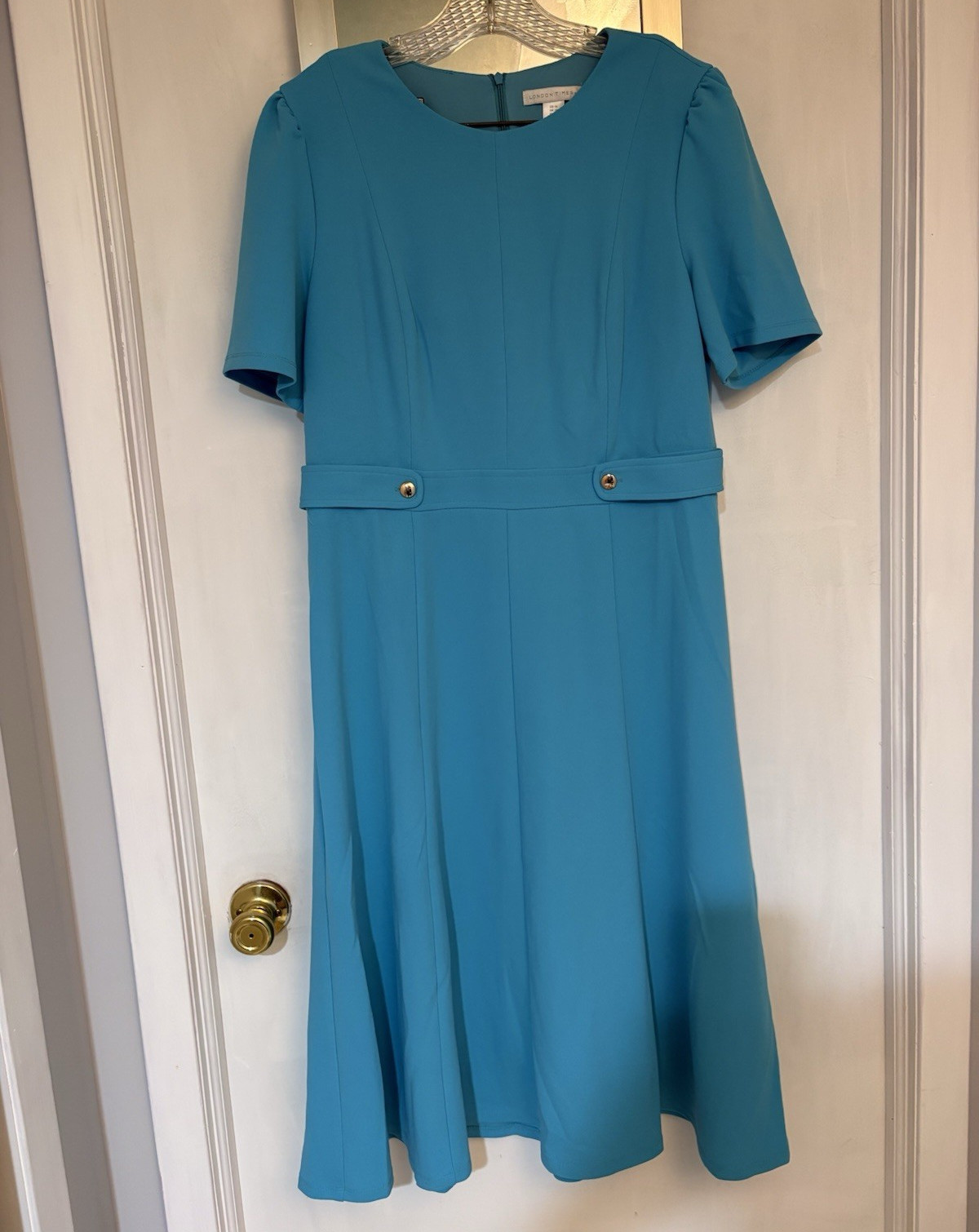 London Times Women’s Blue Solid Fit & Flare Knee Dress 14 Short Sleeve Zip