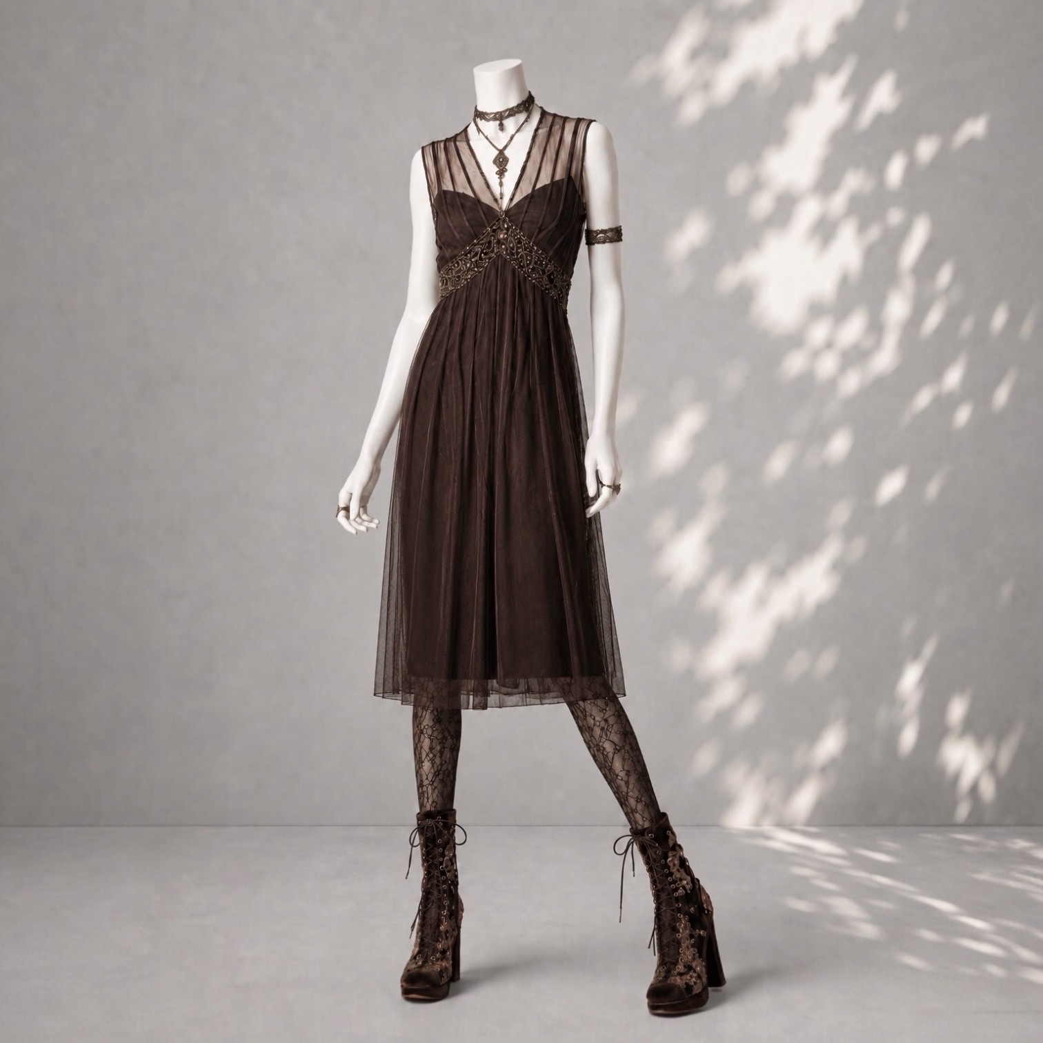 ECI Whimsigoth Dress 8 Brown Beaded Sequin Sleeveless Mesh Retro 20s Midi
