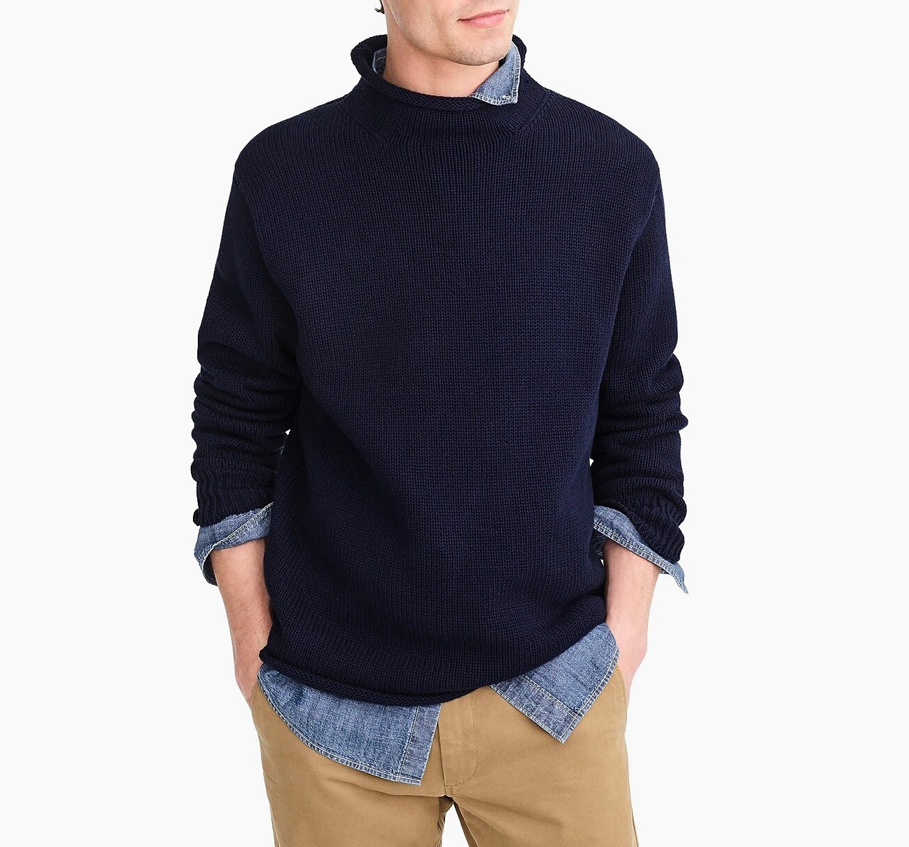 J.CREW sweater rollneck navy blue cotton chunky mock high fisherman’s roll neck