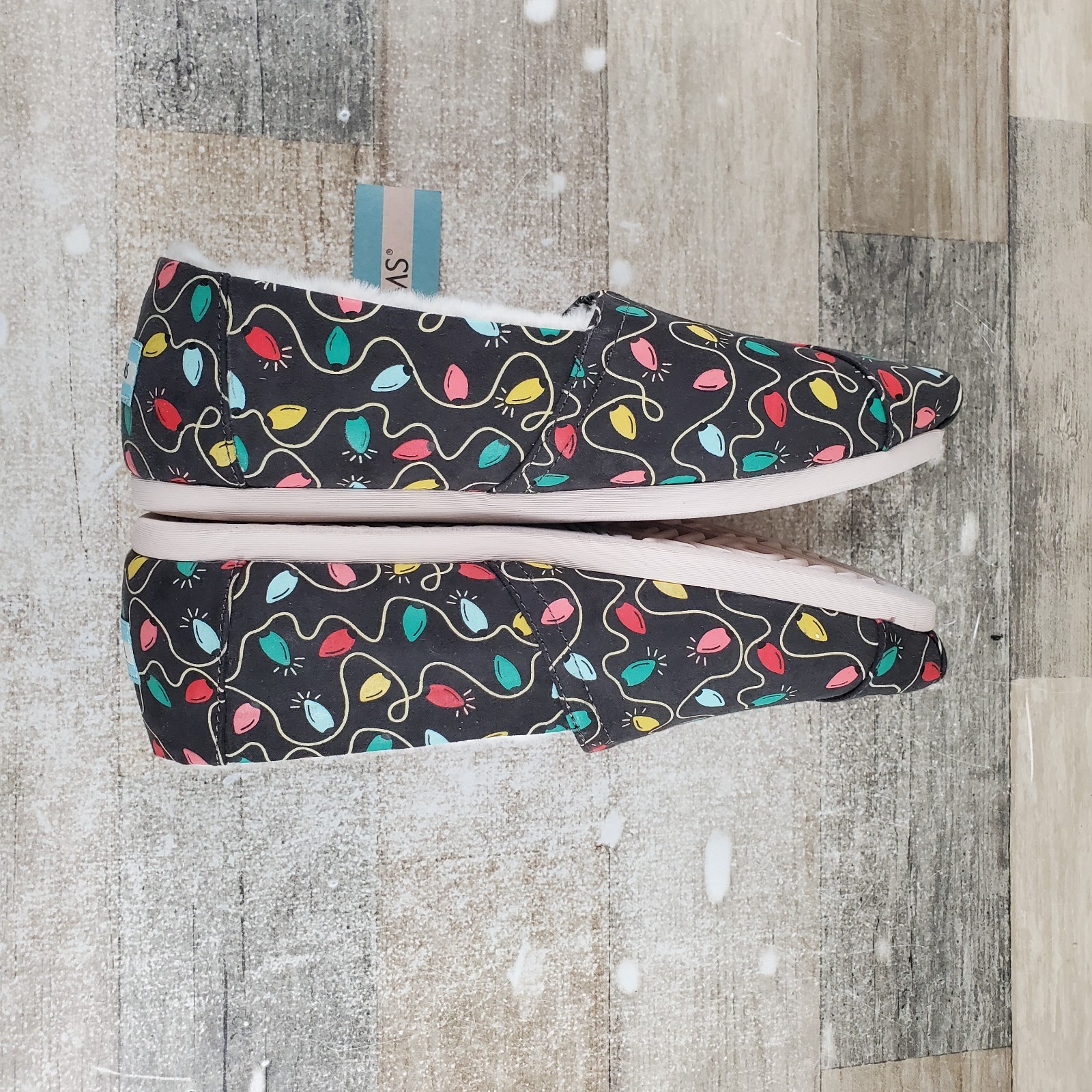 Toms Alpargata Womens Flat 9.5 Black Forged Iron Tree Lights Print Slip On Shoes