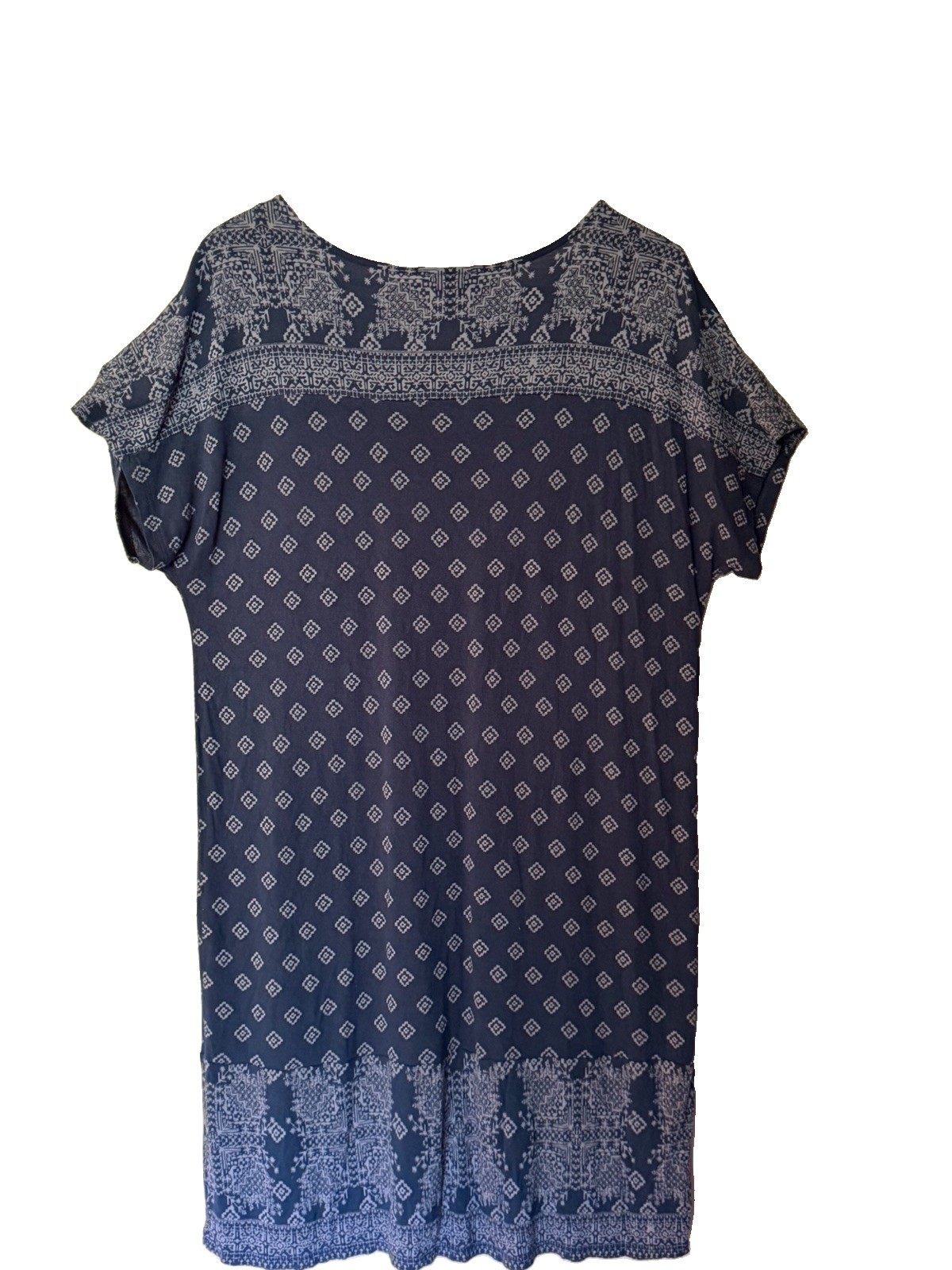Lucky Brand XL Blue Boho Geometric Print T-Shirt Dress 100% Viscose Short Sleeve