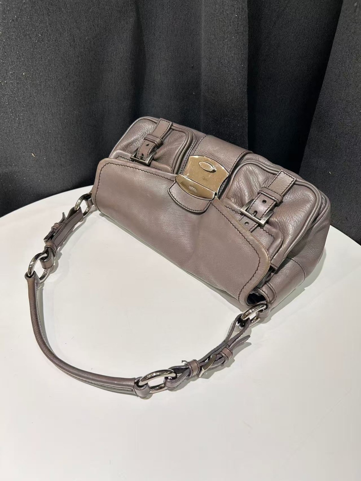Authentic Prada Black Calf Leather Double Pocket Shoulder Bag Italy