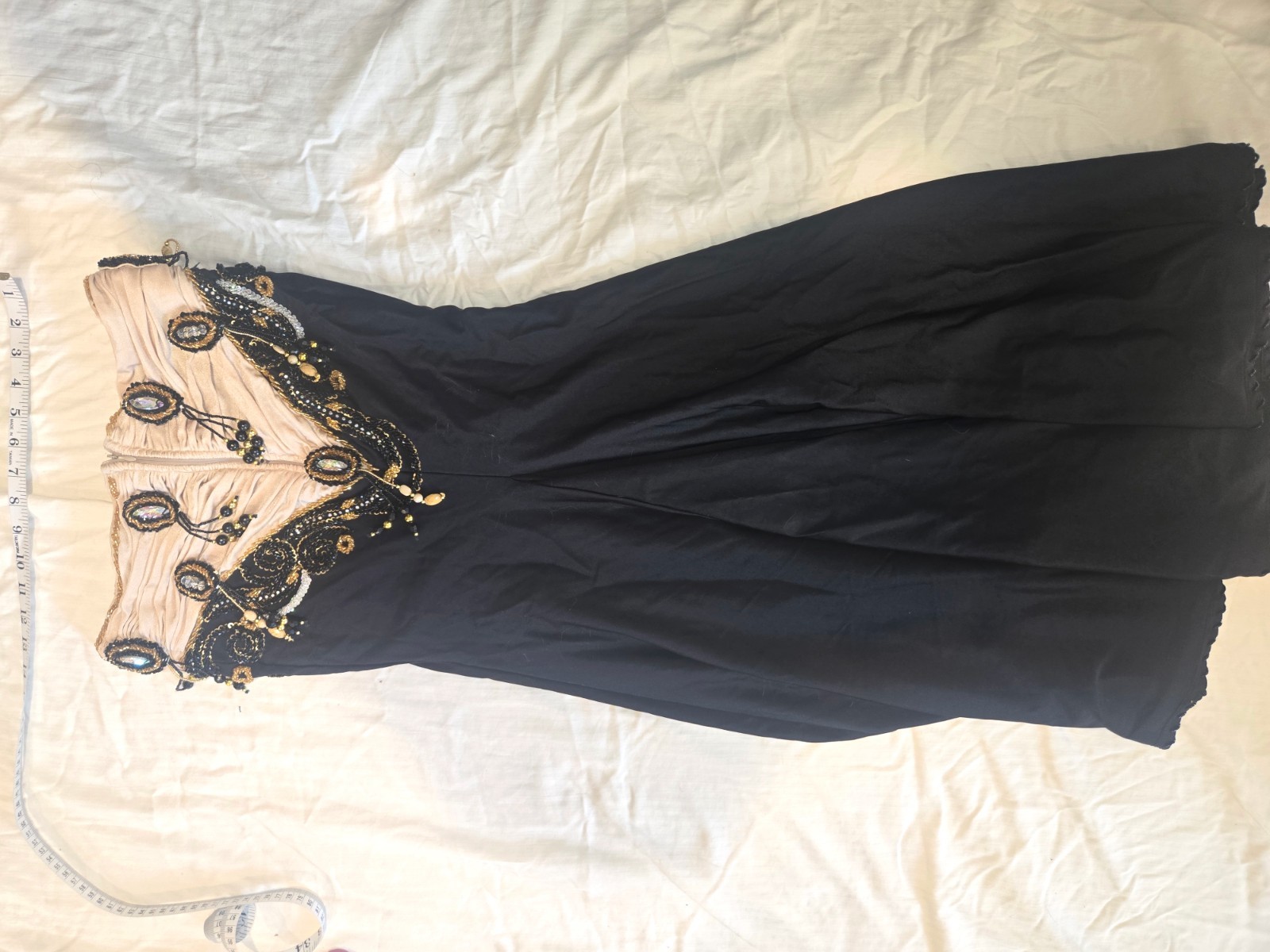 Very elegant black and ivory lycra Egyptian belly dance costume by Mumtaz