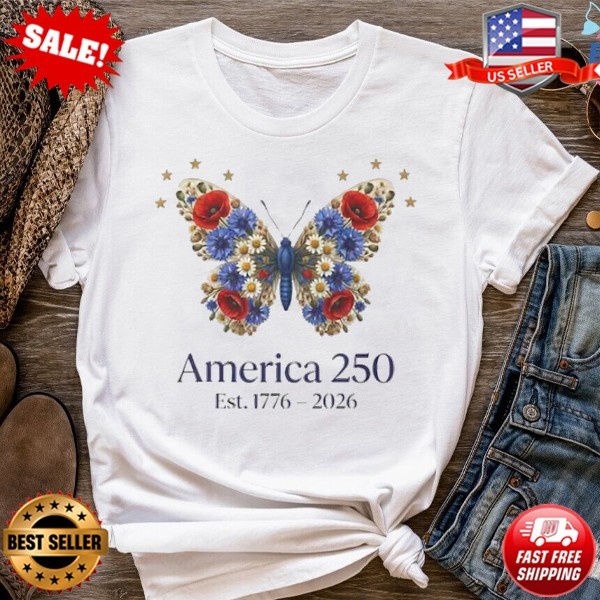 America 250 Butterfly T-Shirt, Patriotic Floral Tee, 4th of July T-Shirt S-5XL