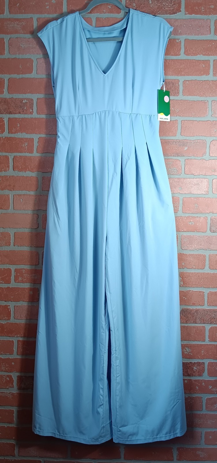 NWT Halara Blue Breezeful V-Neck Zipper Pleated Wide Leg Casual Jumpsuit Size M