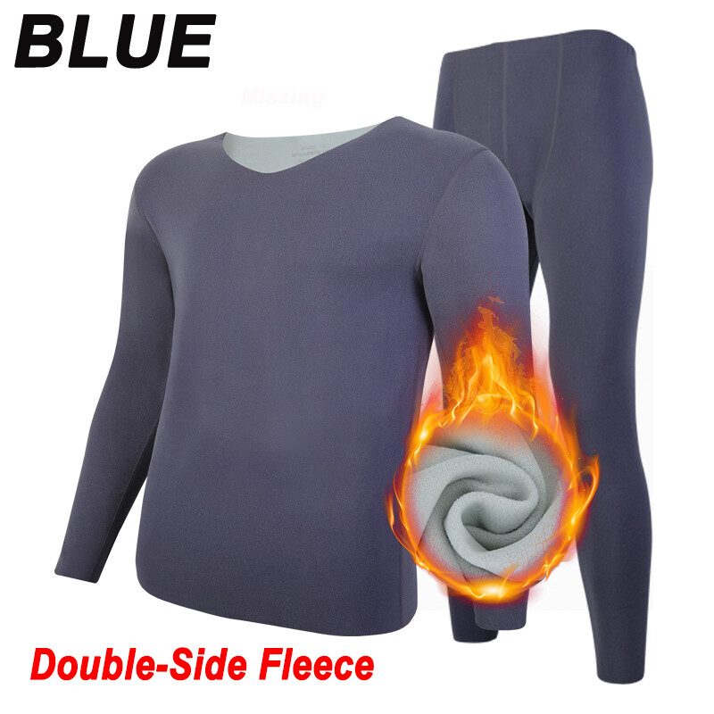 Fleece Lined Mens Thermal Underwear Set Base Layer Long Johns V-Neck Top&Bottom