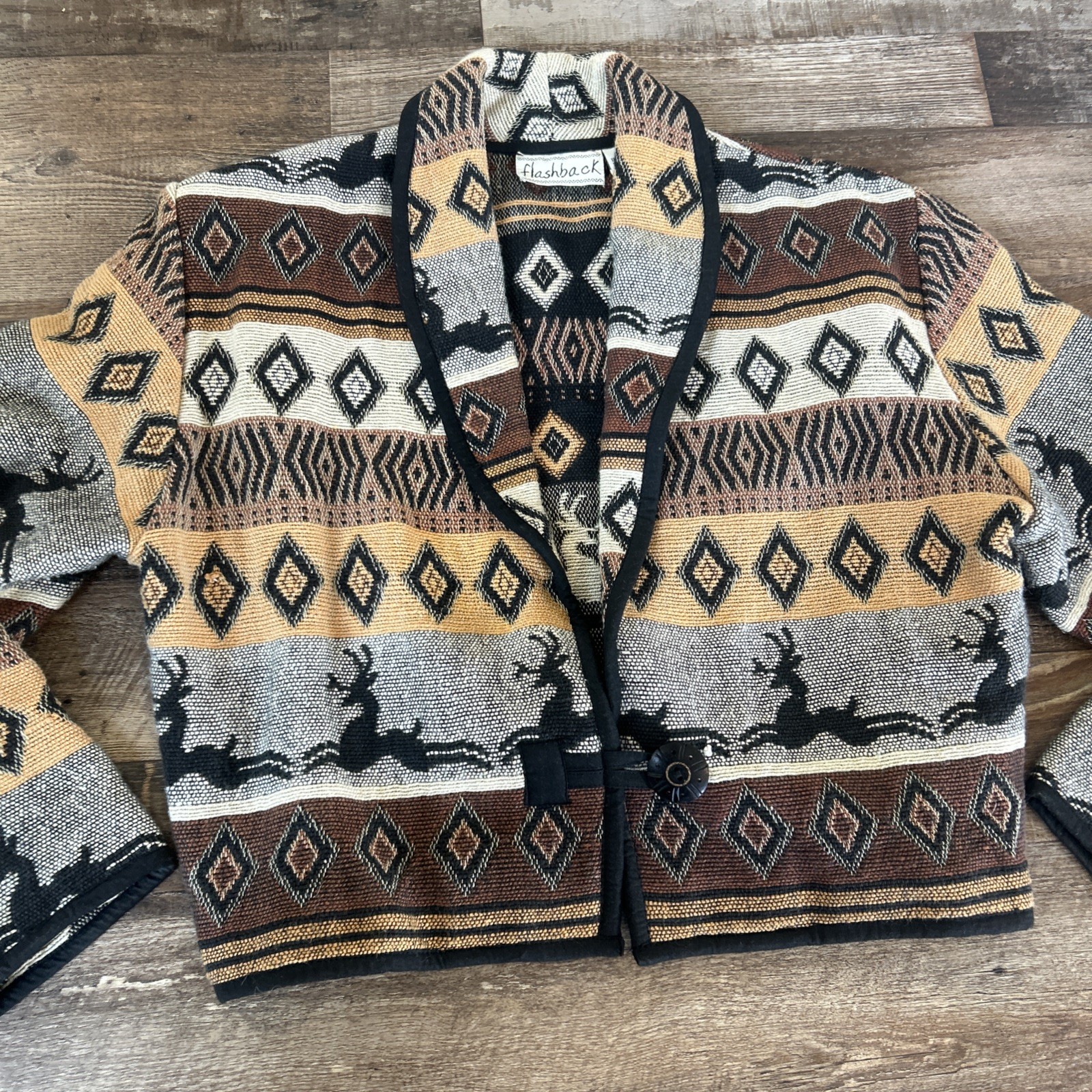 Vtg Flashback Tapestry Aztec Jacket Small Southwestern Cropped Deer Western Y2K