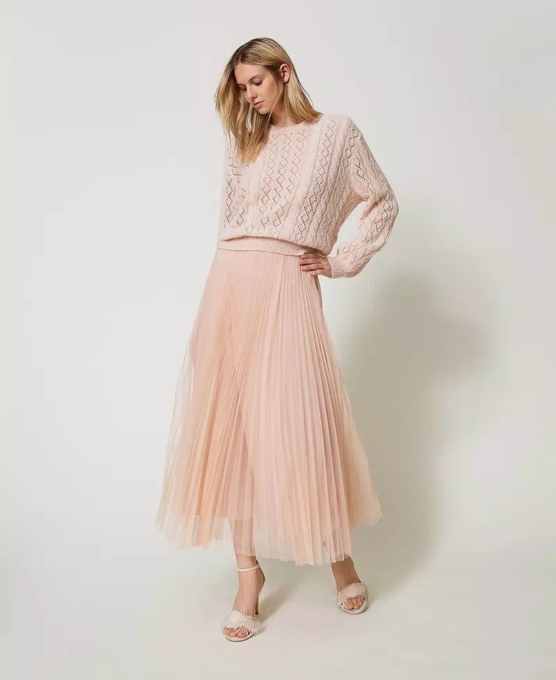 NEW Twinset Milano Pleated Tulle Skirt, Designer, Pale Pink, Size US10/IT46