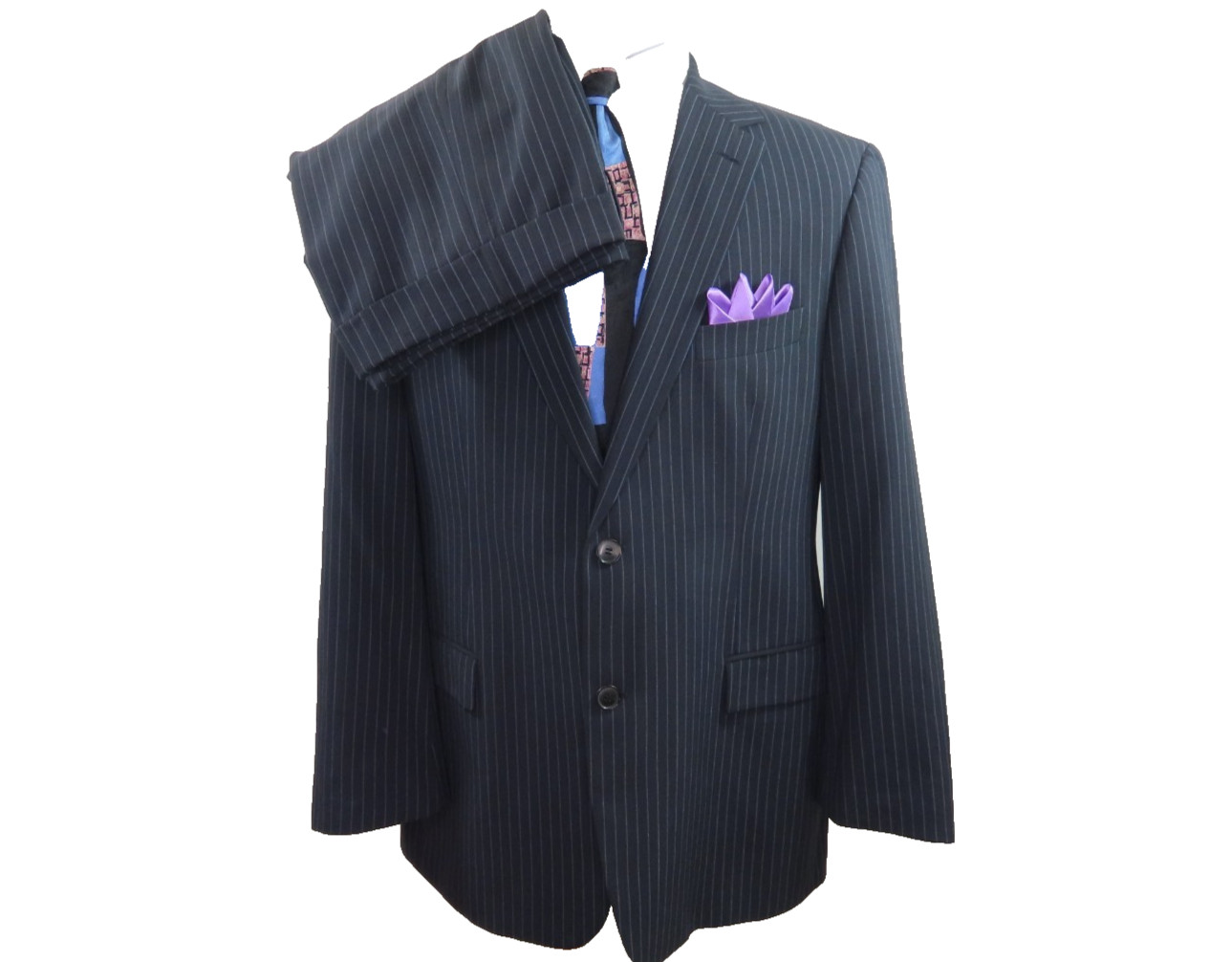 Hugo Boss Barneys New York Mens Suit Wool Dark Blue Striped 37×29 44 R USA EUC