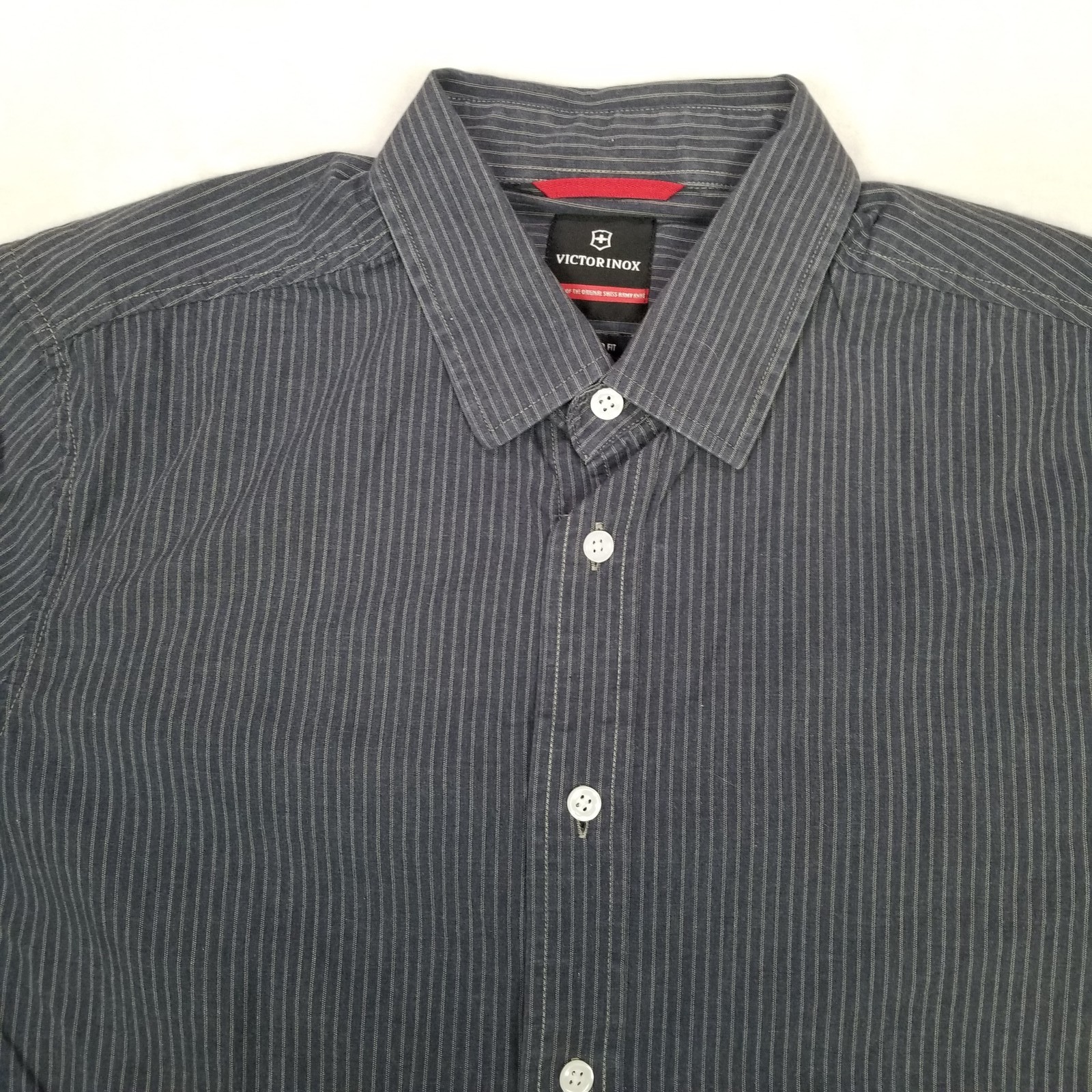 Victorinox Men’s M Dark Blue Pinstripe Button Down Shirt Standard Fit Long Sleev