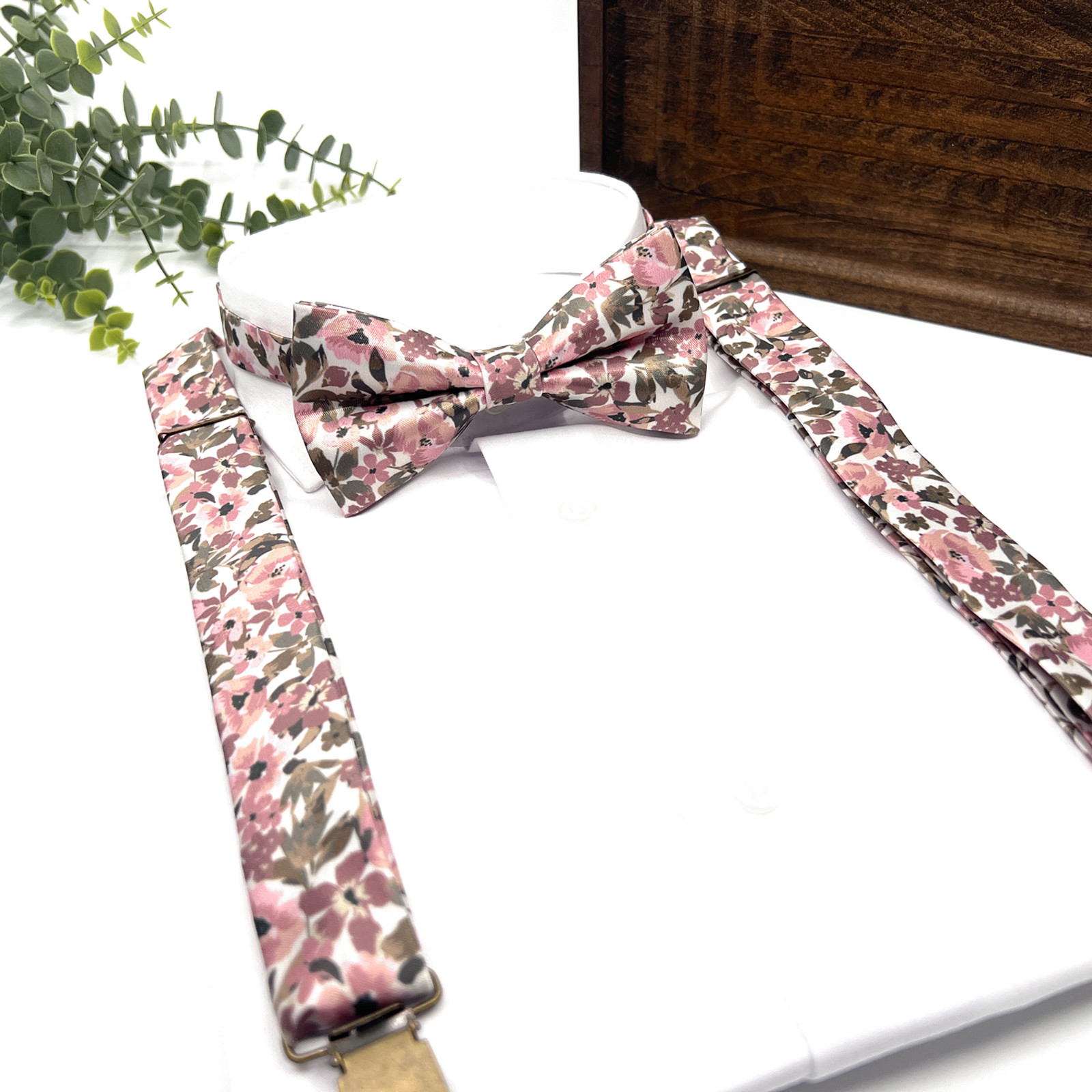 Blush Pink Floral Suspenders and Bow Tie Set With Olive Green