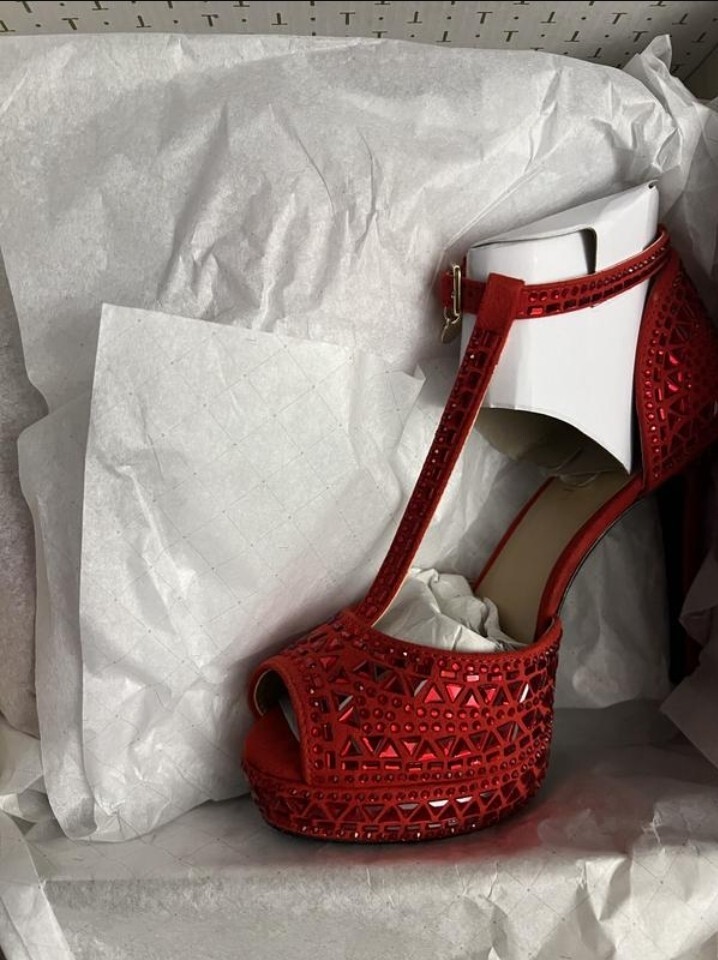 Thalia Sodi Women’s Chace Embellished T-Strap Platform Pumps – Color Gold & Red