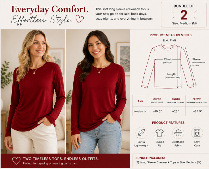 2 Pack-Women’s Red SUPIMA Cotton-Long Sleeve – A New Day T-Shirts Sizes S/M/L