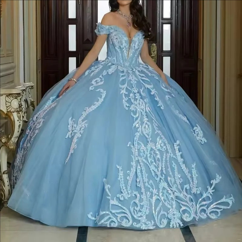 Off Shoulder V-neck Sequin Lace Ball Gown Quinceanera Dress Sweet 16 Prom Gown
